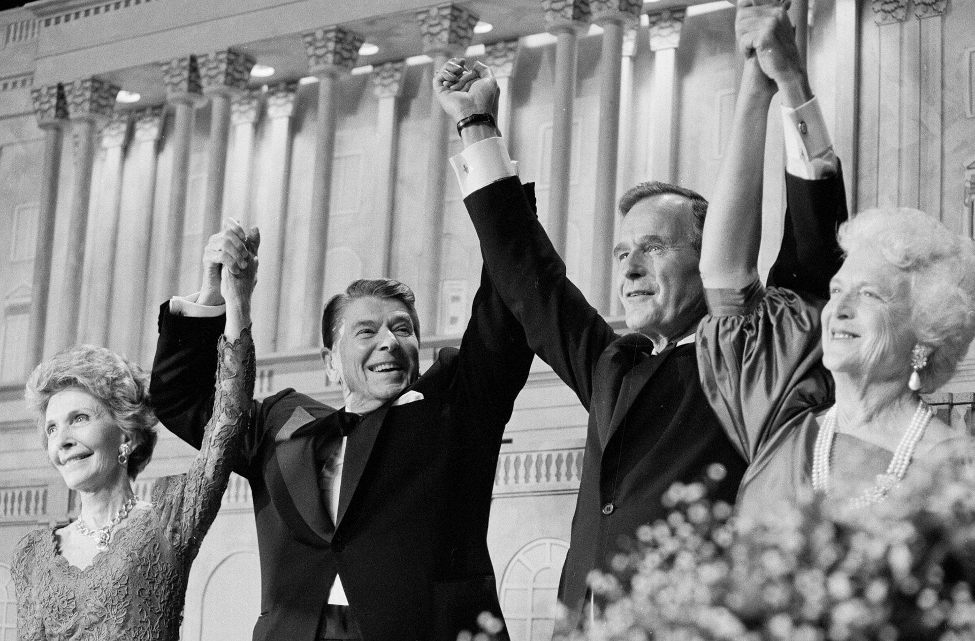 President Ronald Reagan and Vice President George H.W. Bush with their wives, Nancy and Barbara, at the Republican Presiden't dinner in Washington, DC, May 11, 1988.