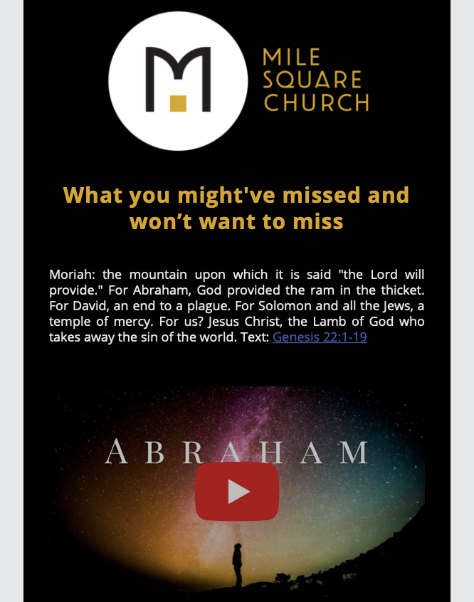 Mailchimp email for Mile Square Church