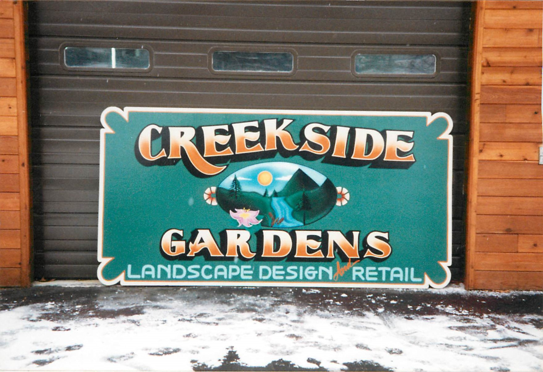 Hand-painted, airbrushed sign for local business, Creekside Gardens (1997)