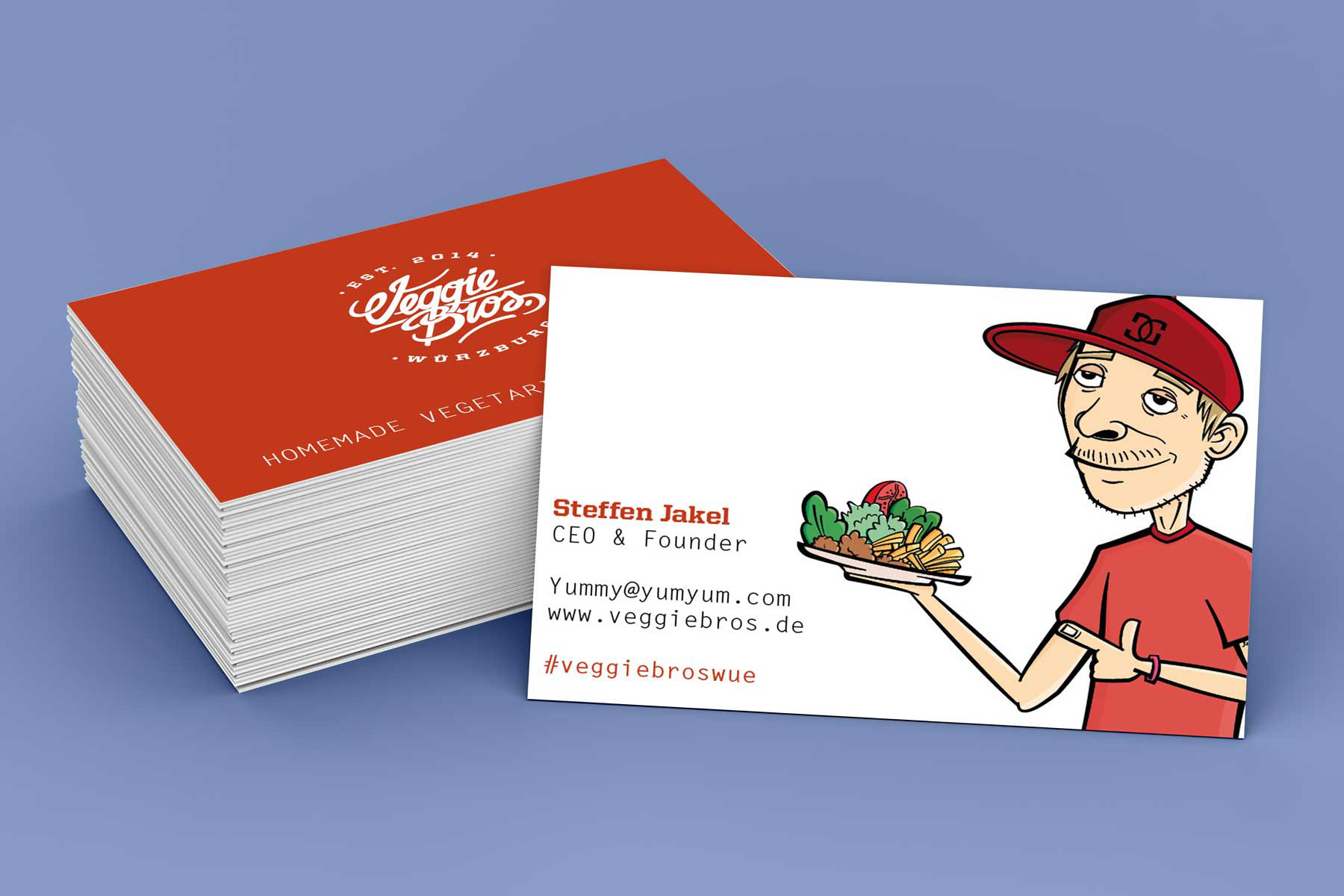 veggie bros, wuerzburg, visitenkarten, mockup, grafikdesign, illustration, karikatur