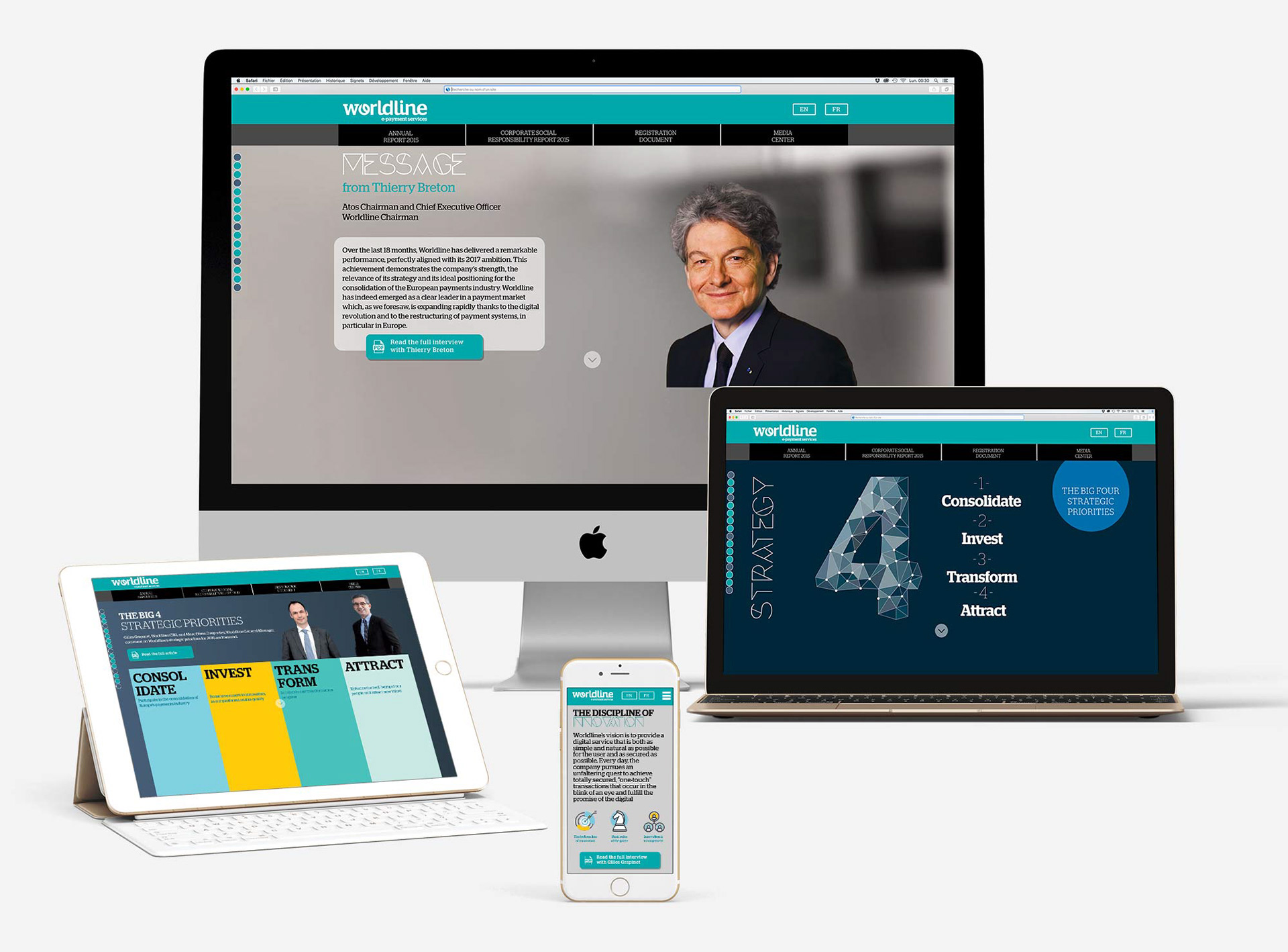 Présentation de 4 écrans (imac, macbook, ipad et iphone) contenant 4 différentes images du site web responsive de la société Worldline.