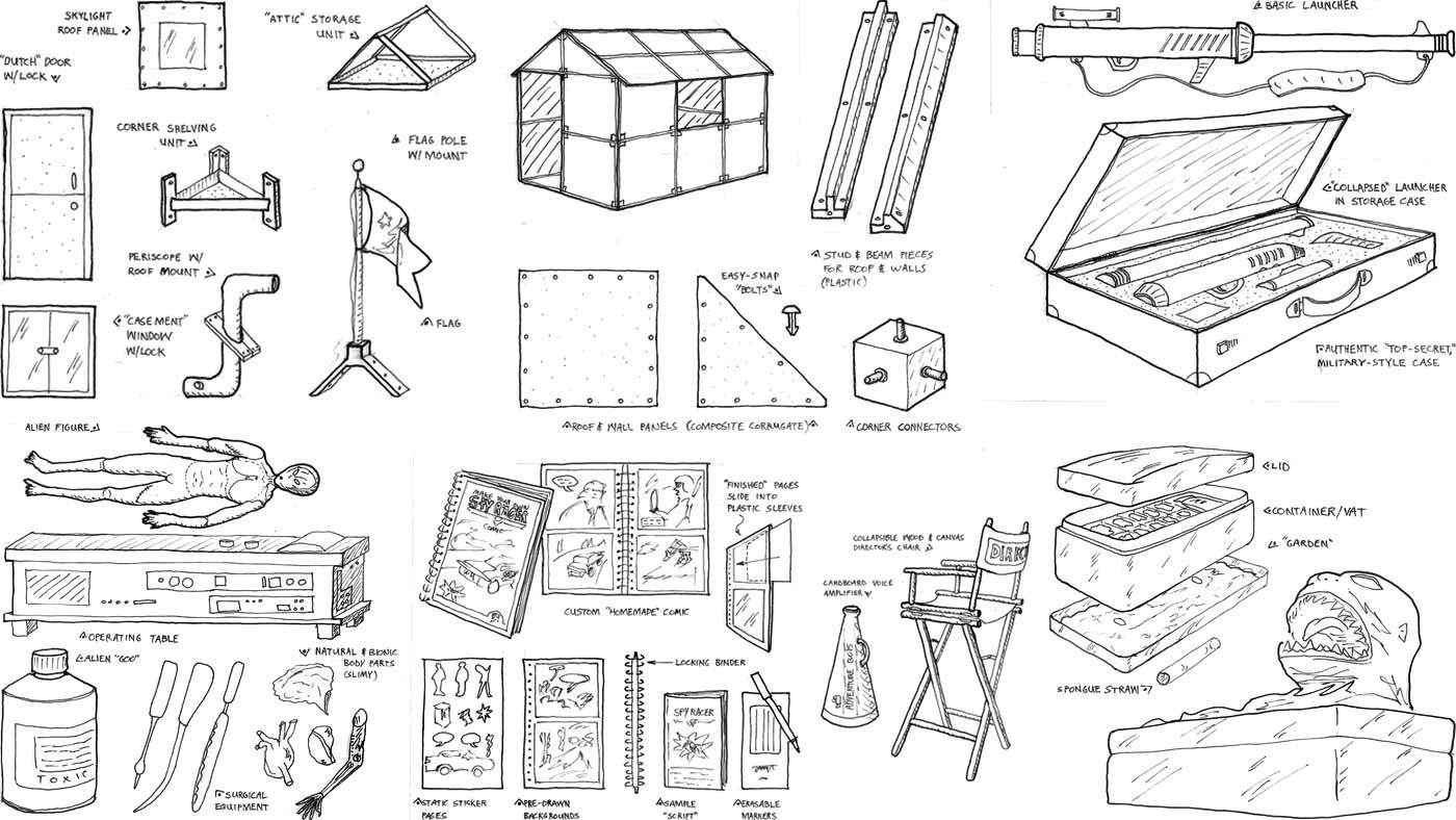 Many sketches and rough diagrams showing the thought process behind a series of children's toys and games