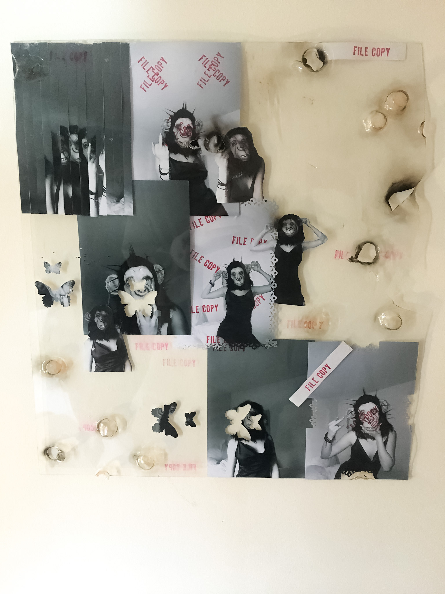 Twisted Sister The list of my materials that i've used is a plastic old picture frame cover for the main base then using my photos from my fmp I used stamp cutters also cutting the photos in different ways then using a ‘file copy’ stamp to make the words then with a lighter burning holes in the plastic to create the bubble wrap look and burning holes through the plastic but as some of them didn’t burn proper I got a watercolor pen cotton bud and water to create brown edges. I wanted to bring in a punk aesthetic to my work because its a type of style people can't really and don't really know how to connect with in so bring a peaceful yet rough feeling, the twisted sister is all based on perspective of females, giving an example if I didn't choose to add the head it would of looked like any regular photo of a girl in a dress but by adding the monkey head it became a more wider feeling photo piece,making people want to look at it and experience the photo more but if I didn't add the mask it would be any regular person in a dress at a camera my influences would come from the gorilla gurlz who are a wide group of females that fight for female rights but they do it all in gorilla masks with gave me a real inspiration as I don't want to do it on female rights I just want people to see the perspective on the way we perceive things as I added the mask you become more attracted to the image that's how I felt about seeing photos of gorilla gurlz.