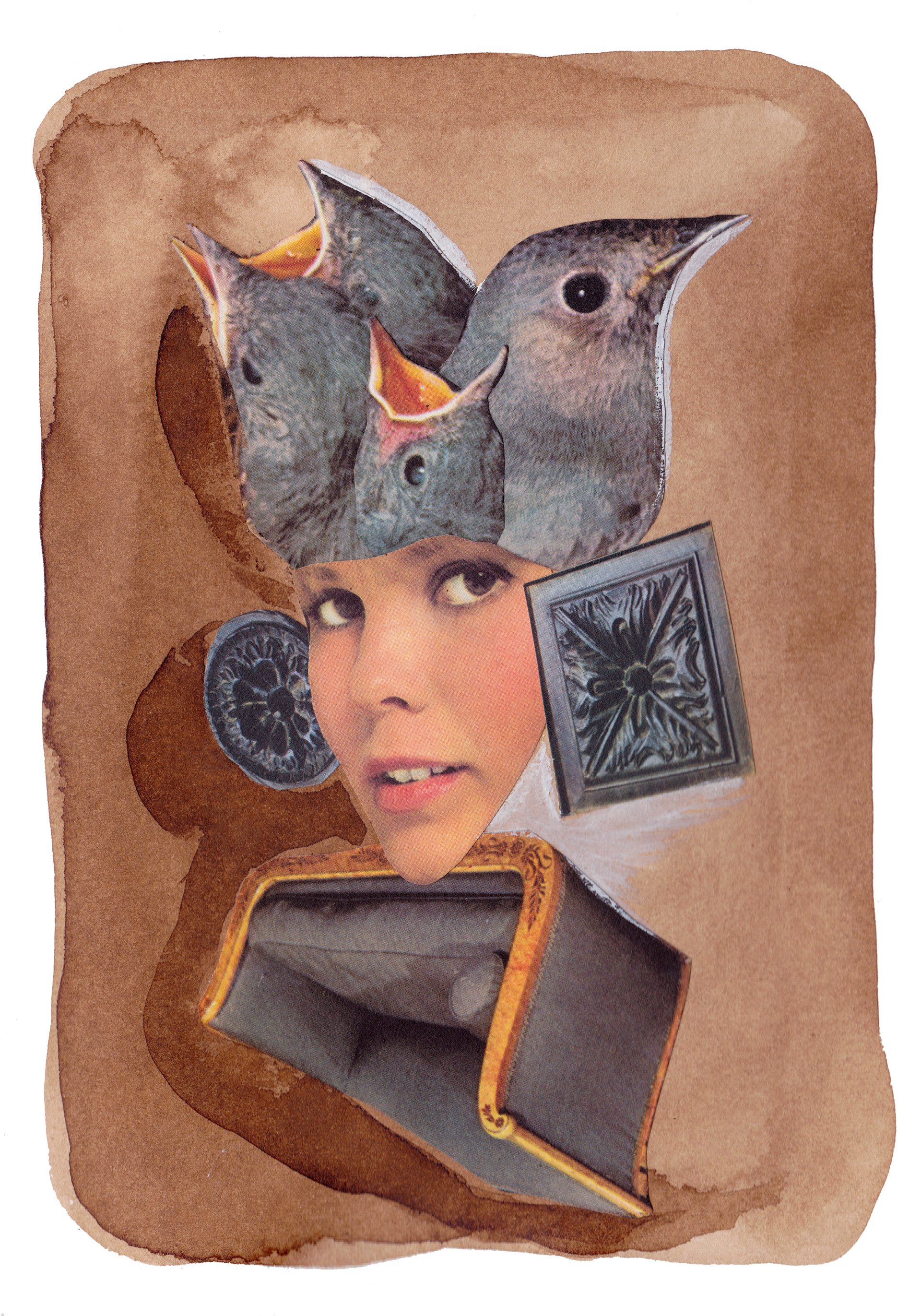 Collage and walnut stain in a concertina notebook. Format: 14,8x21 cm