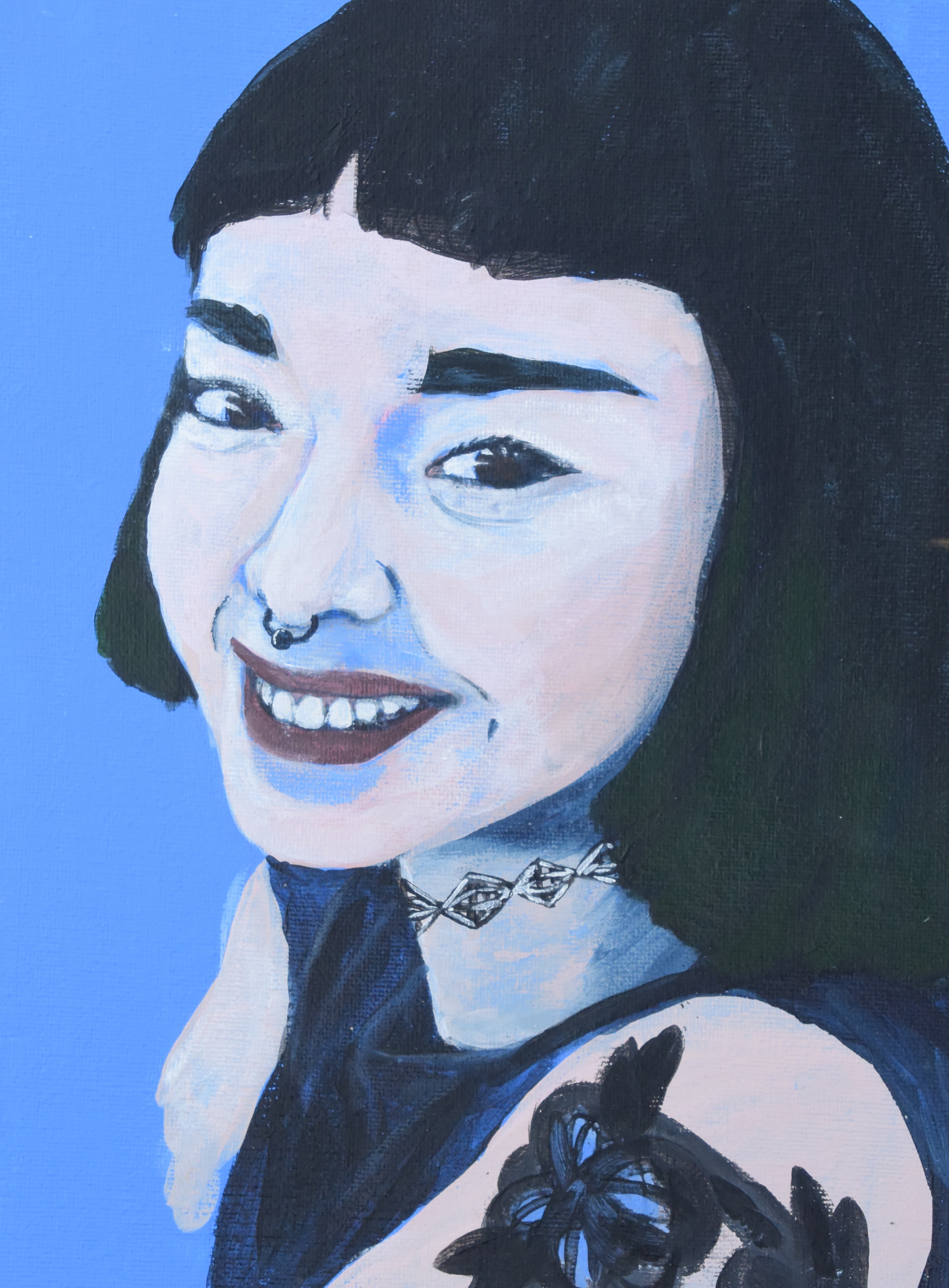 An acrylic close up portrait of a girl with a black bob, a nose ring, and tattoos. the background is blue.