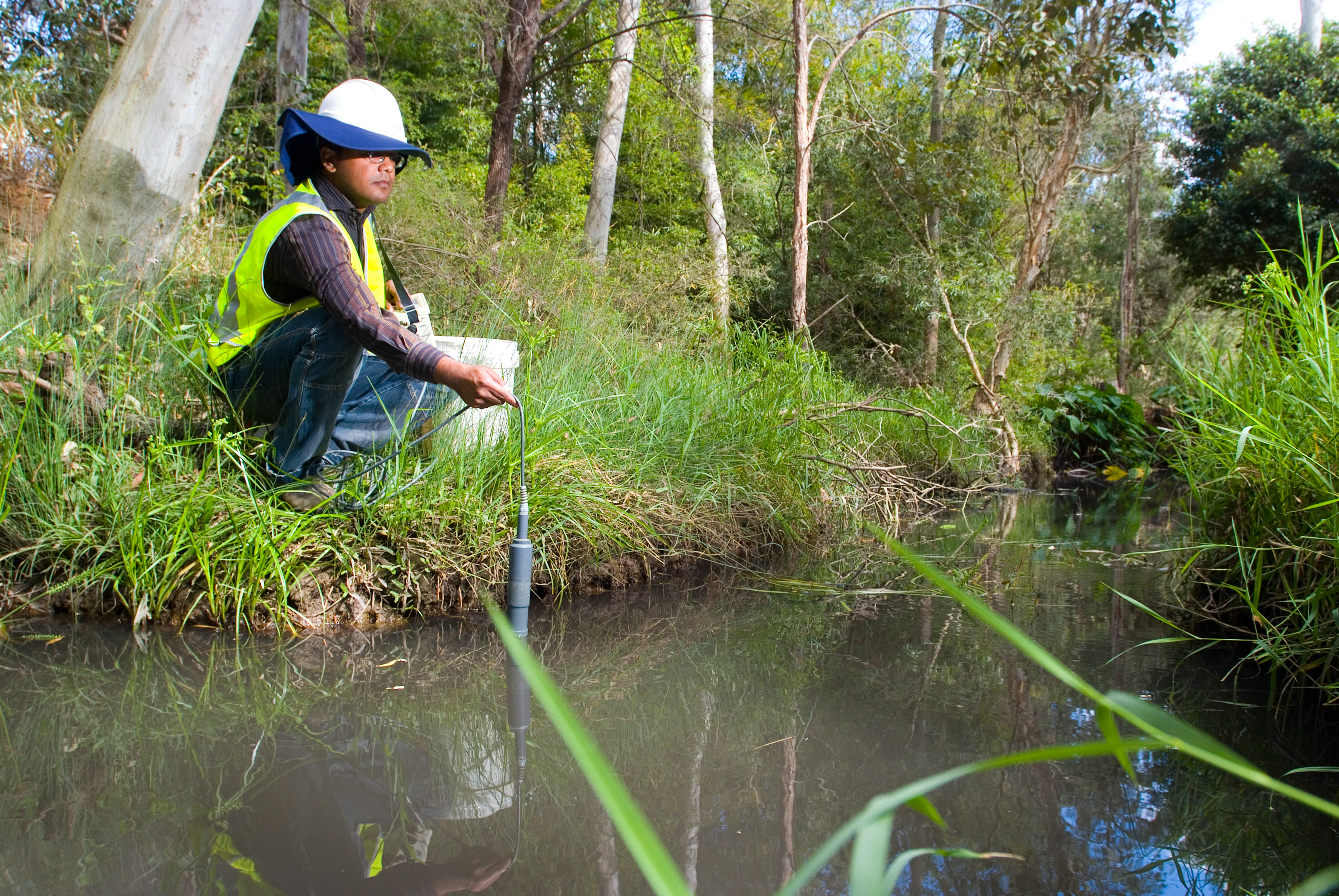 Officer submerging water testing device into creek