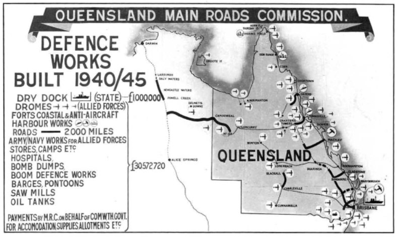 Map showing Queensland Main Roads Commision defence works built from 1940 to 1945