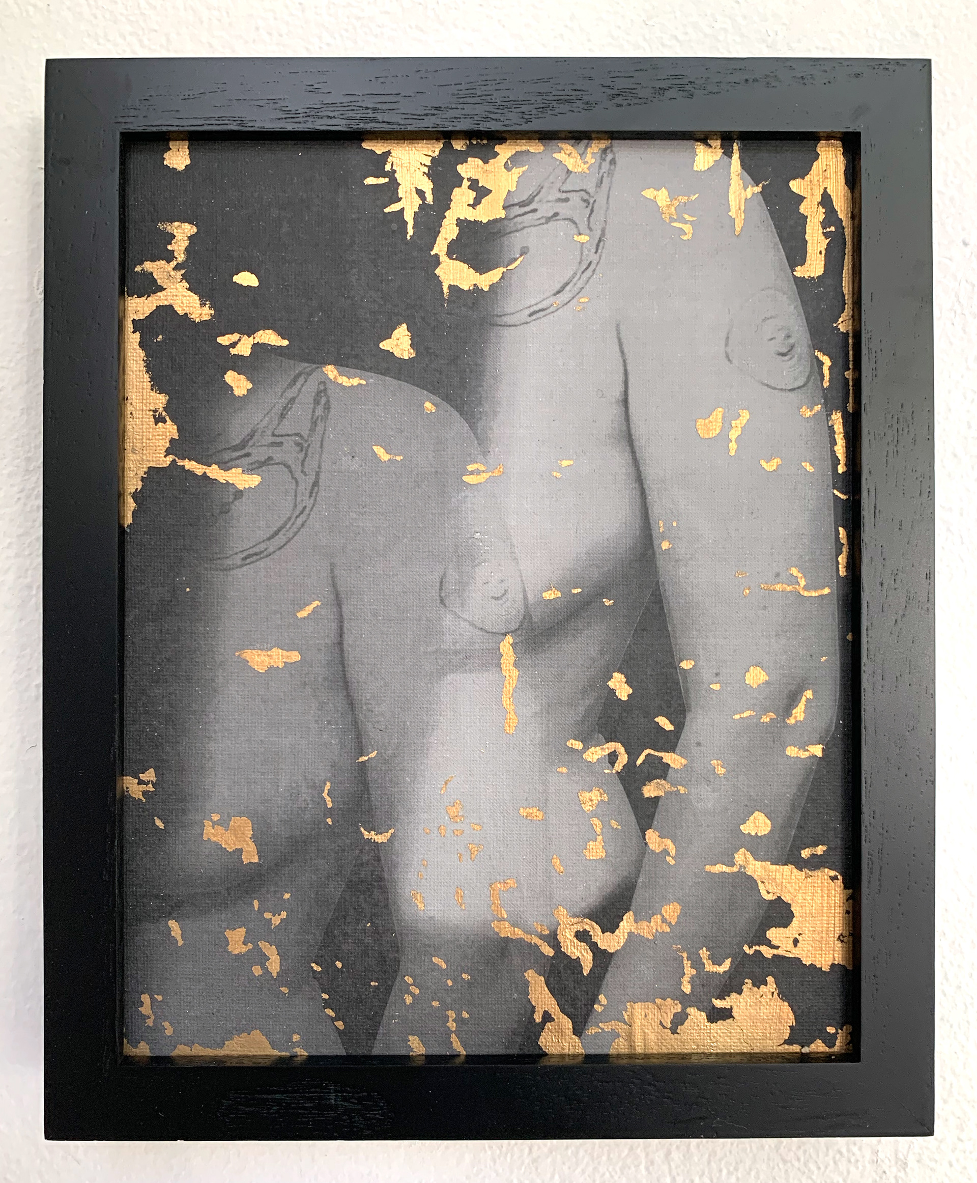 Disintegrate 1, 2020, acrylic, toner and composite gold leaf on canvas board, 10 x 8 inches