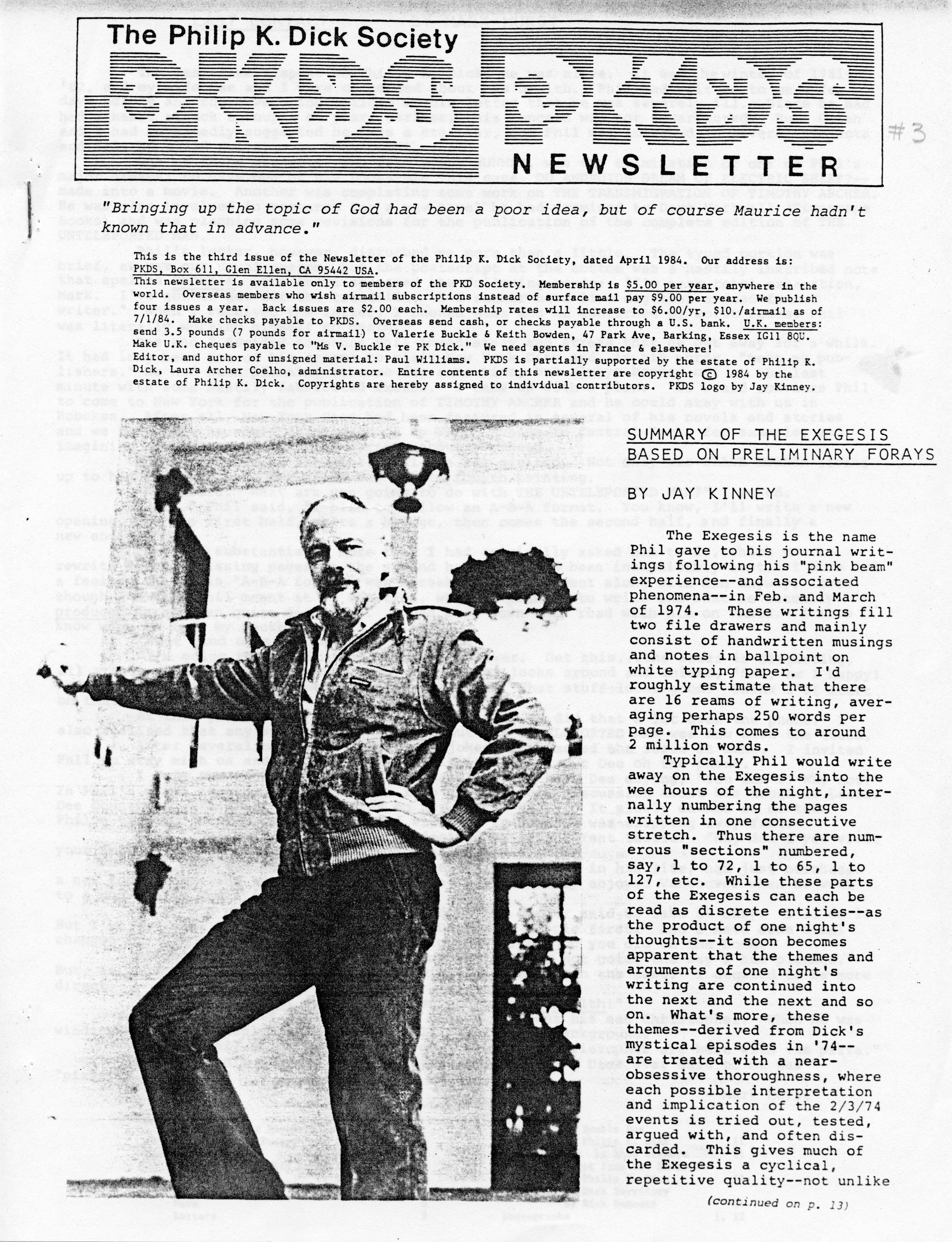 PKDS Newsletter (Philip K. Dick Society Newsletter) No. 3 (April 1984)