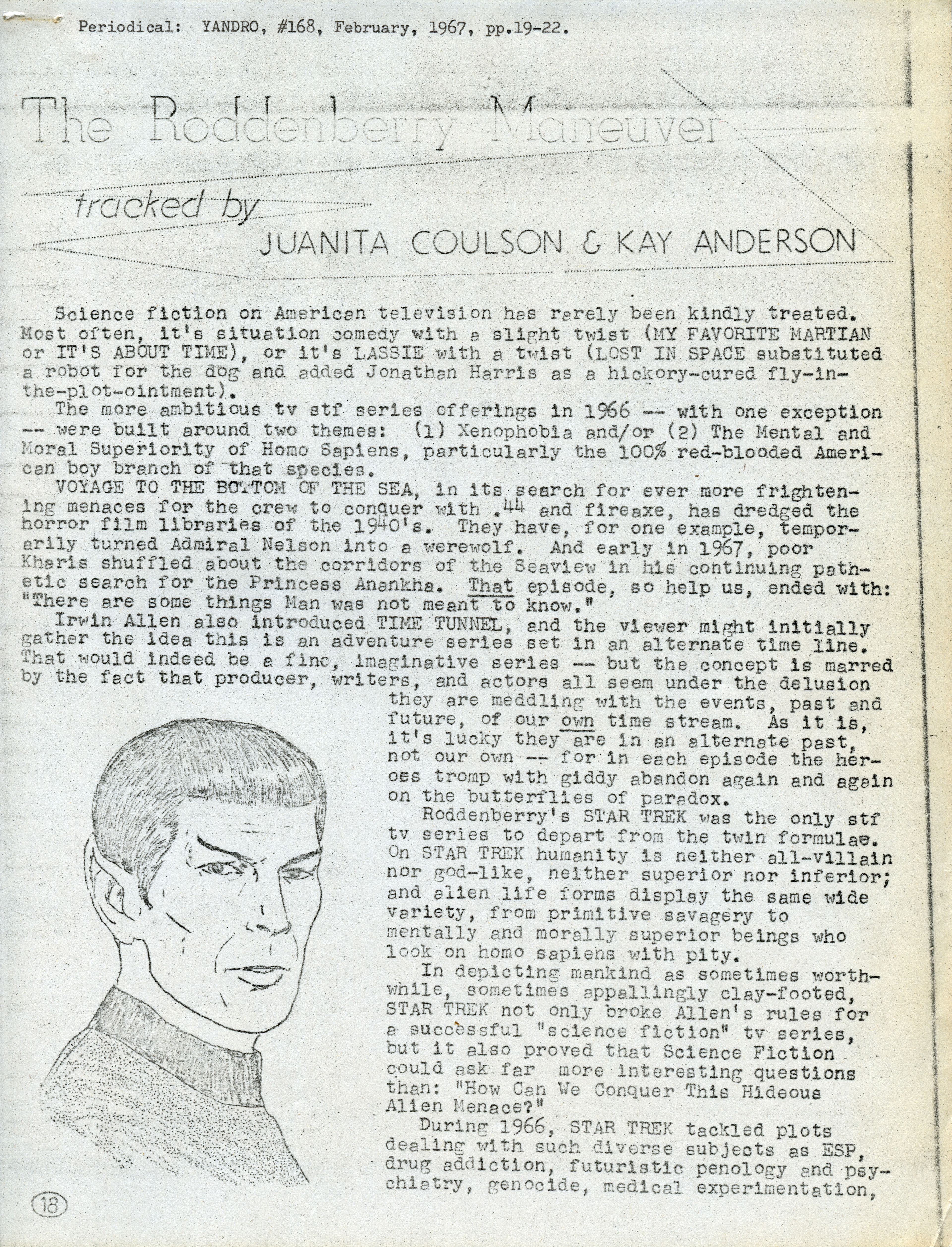 “The Roddenberry Maneuver,” by Juanita Coulson and Kay Anderson, Yandro 168 (February, 1967).