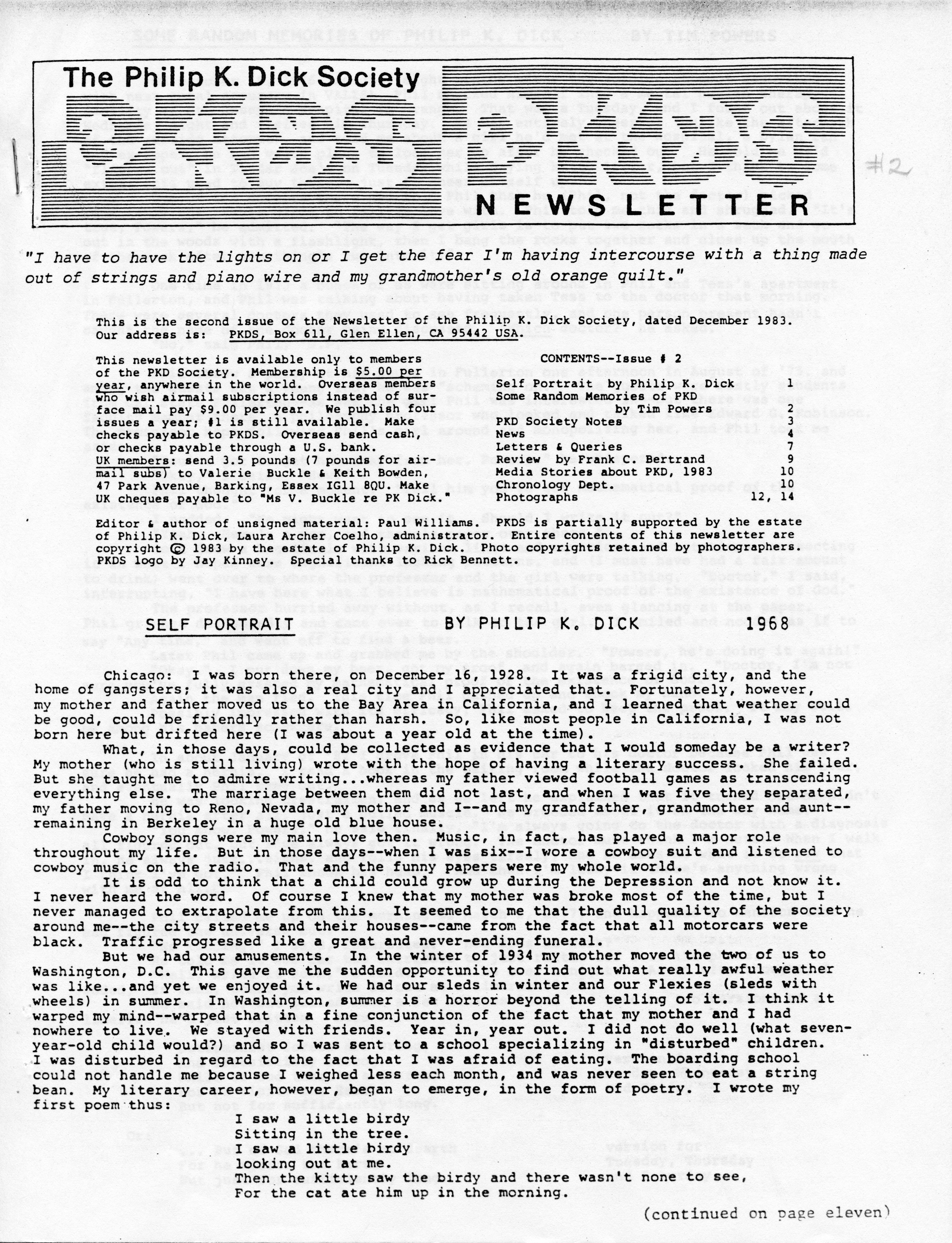 PKDS Newsletter (Philip K. Dick Society Newsletter) No. 2 (December 1983)