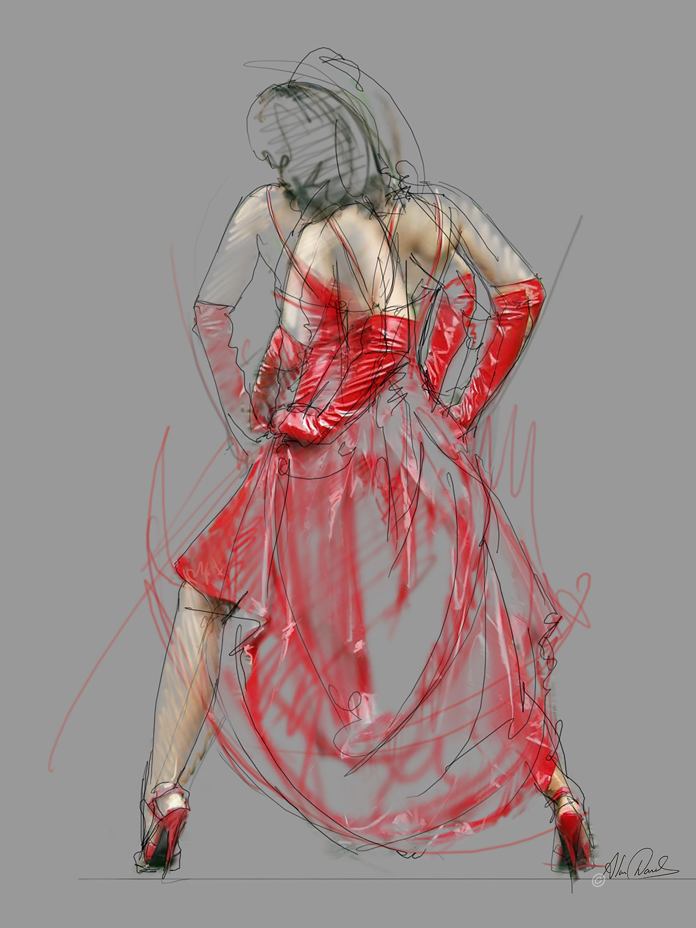 A dancer in a red dress, red high heels and red latex gloves, dancing.