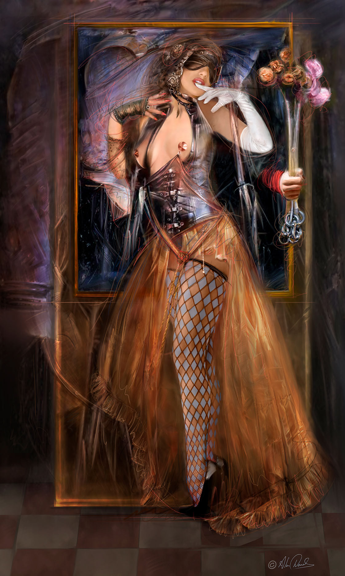 Suitor, is a young lady in leather corset, flowing gold metal dress white glove, being offered flowers by her suitor.