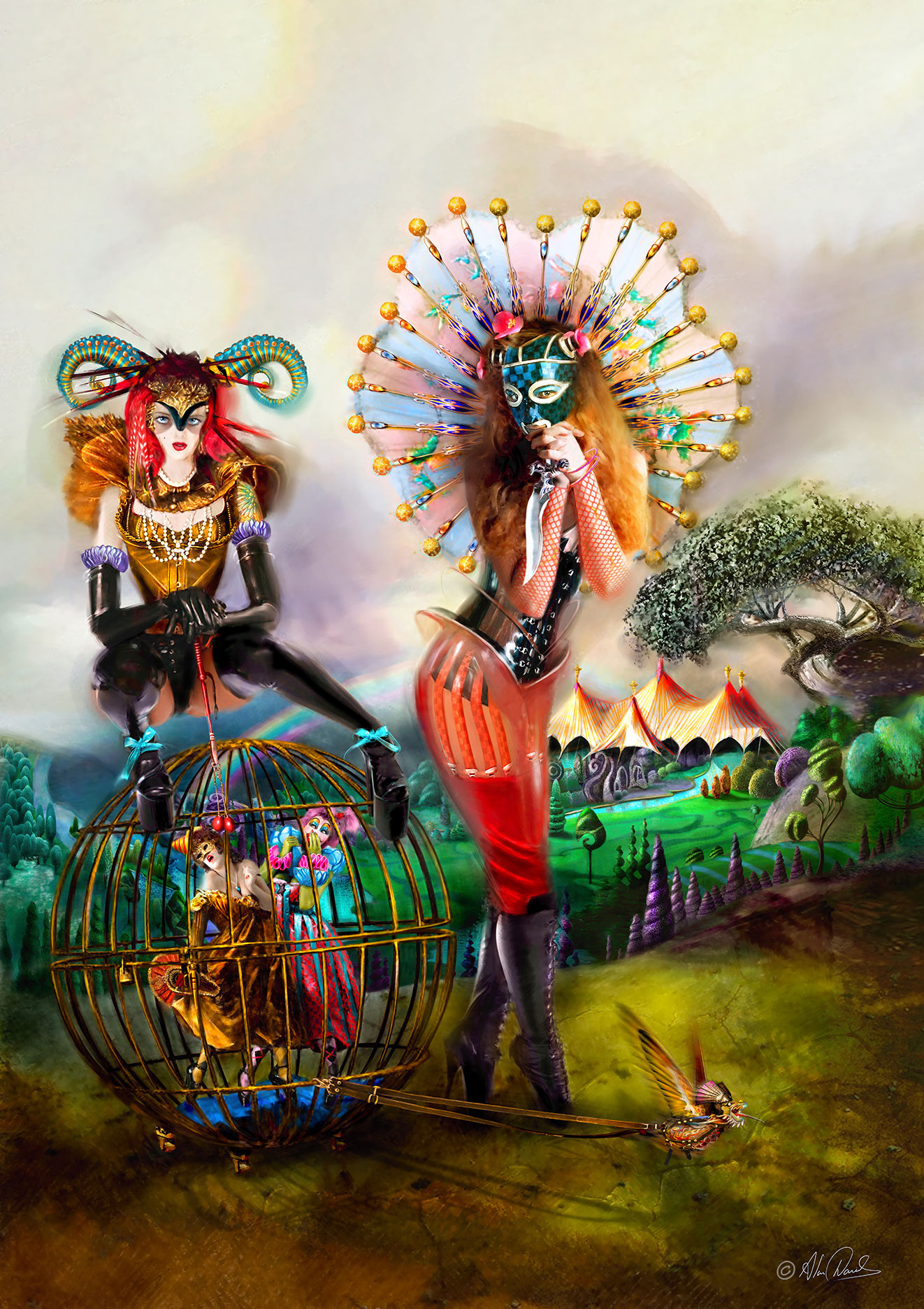 Two circus ladies, wearing red latex, black latex, horns, fan style head gear, garter belts high ballet boots, one carrying a knife. Bothe have captured two other strange circus performers in a gilded circular cage.