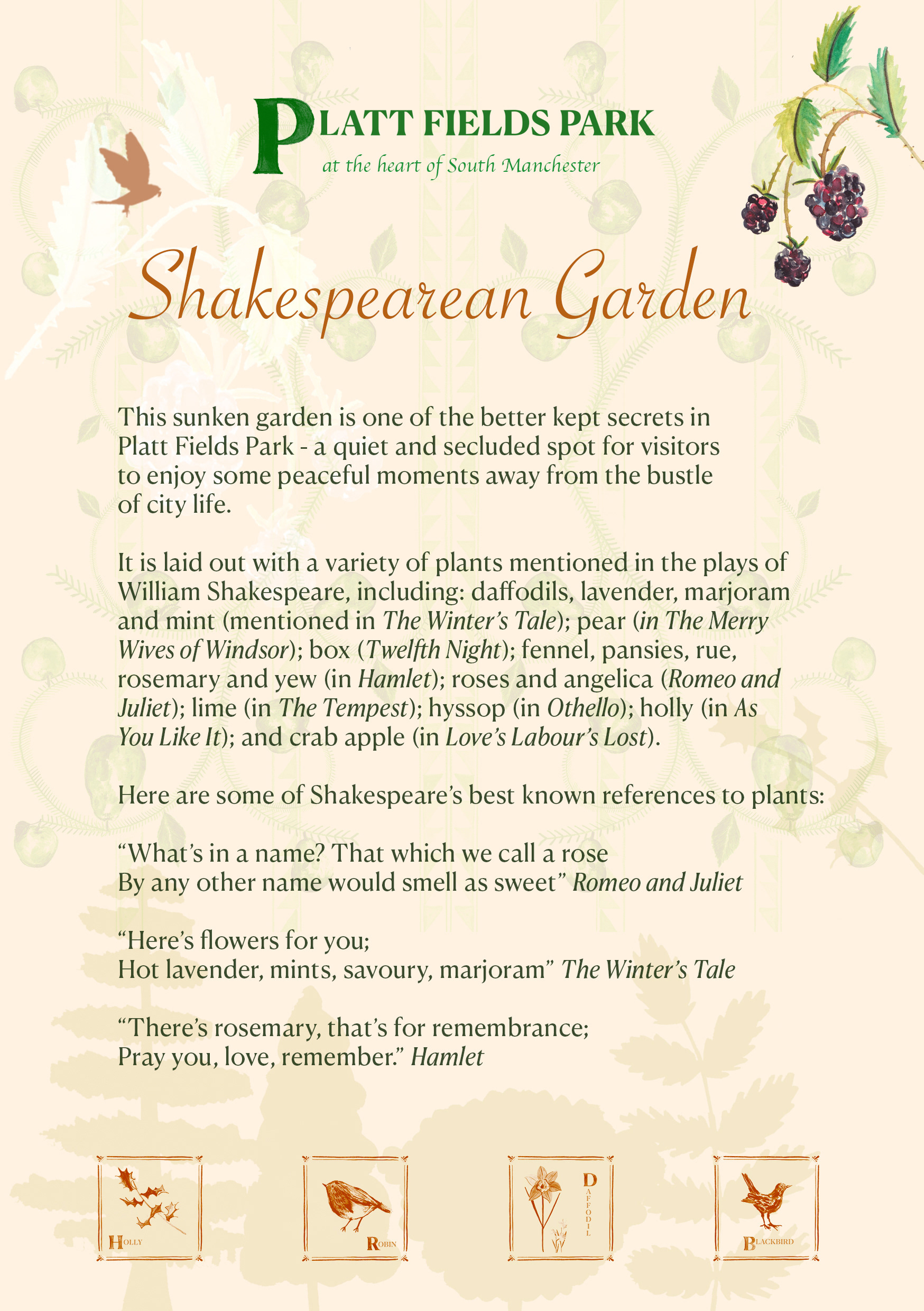 Redesign of information board in full colour; I think this reflects the garden better and the consistent motifs keep it in touch with the delftware style tiles