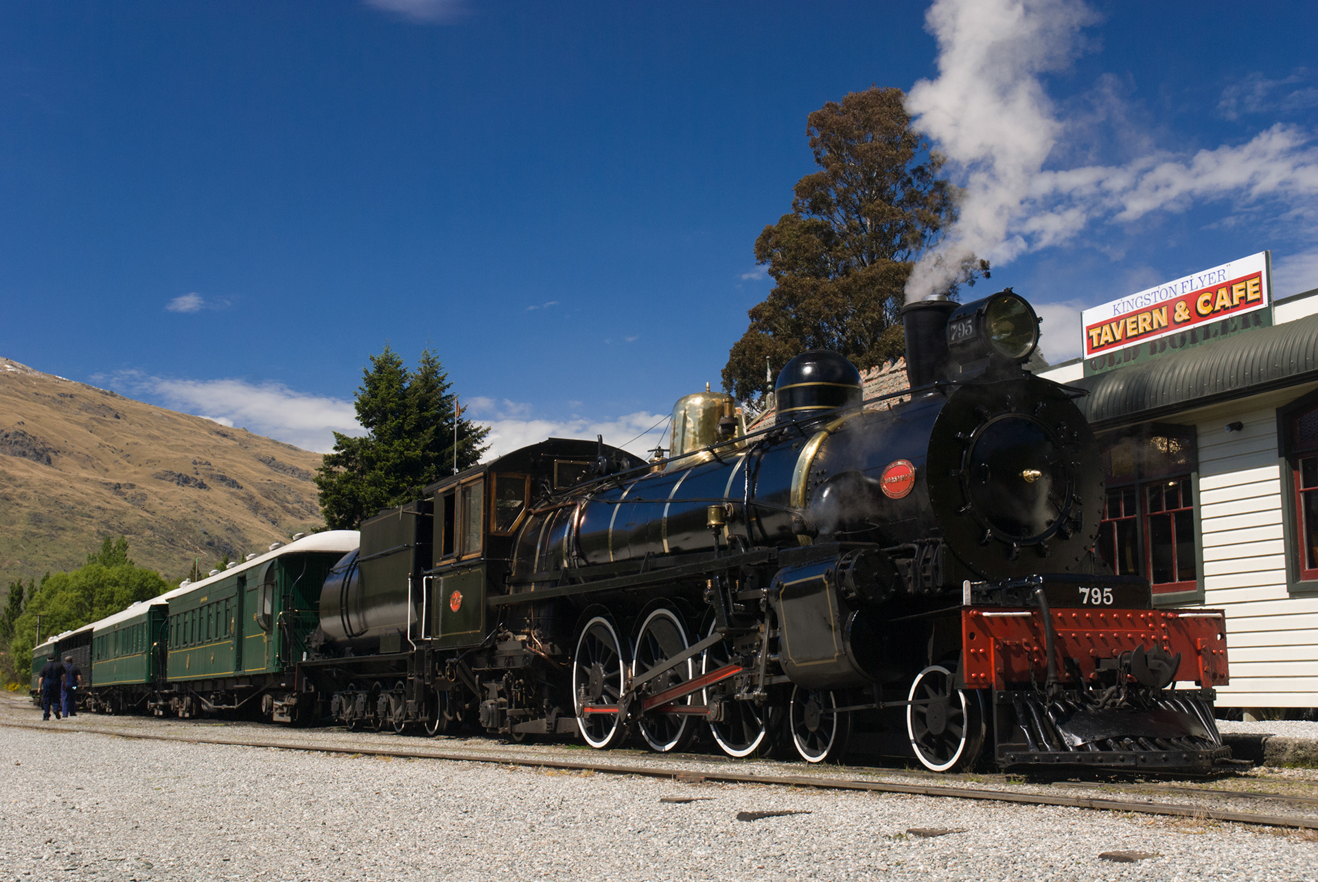 The Kingston Flyer is a vintage steam train in the South Island of New Zealand