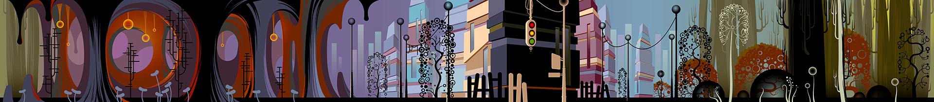 Looped background of a cave, a city and a forest environment for the running characters.