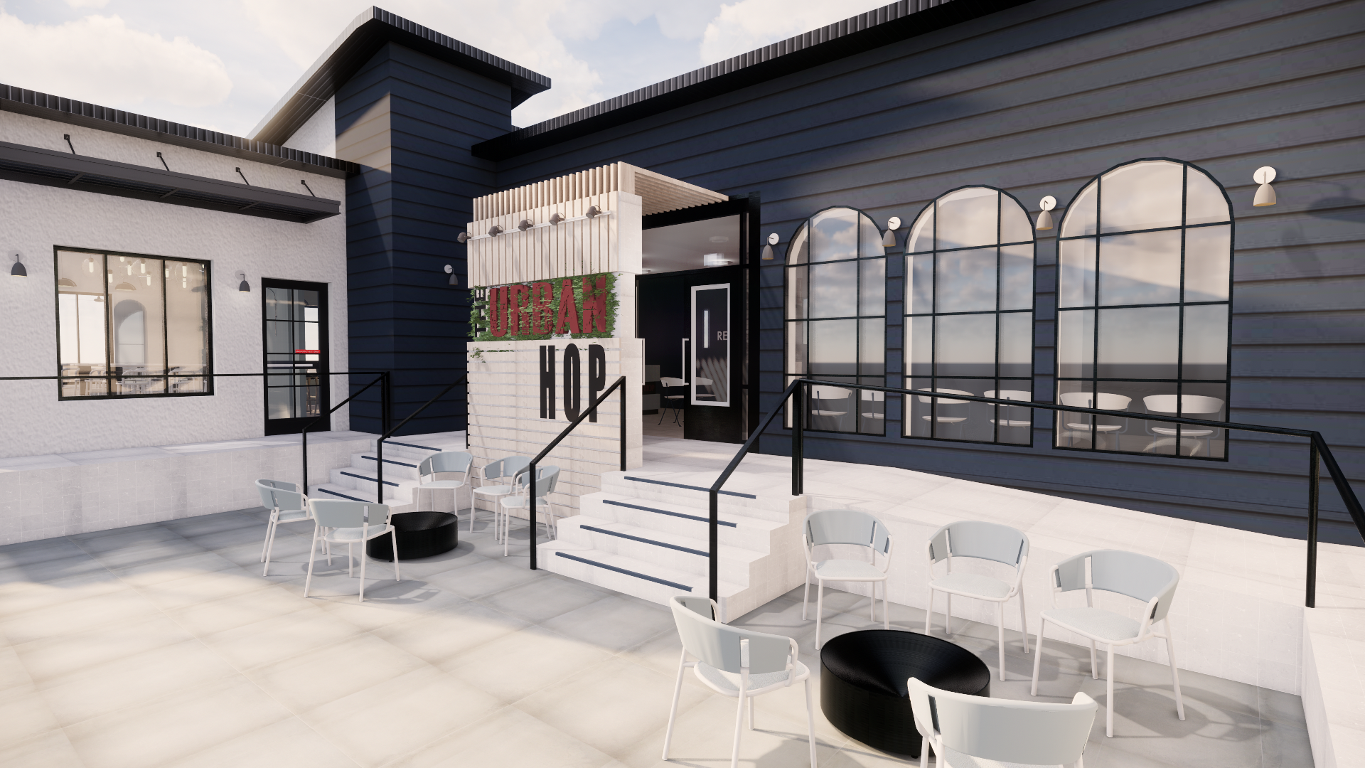 Exterior Main Entry Signage + Seating