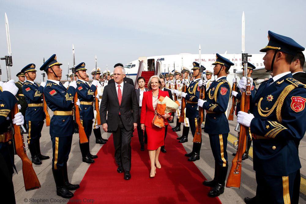 Australian Prime Minister Malcolm Turnbull and Lucy Turnbull arrive at Beijing, China. Prime Minister Malcolm Turnbull's first official visit to China. Pic Stephen Cooper © News Corp