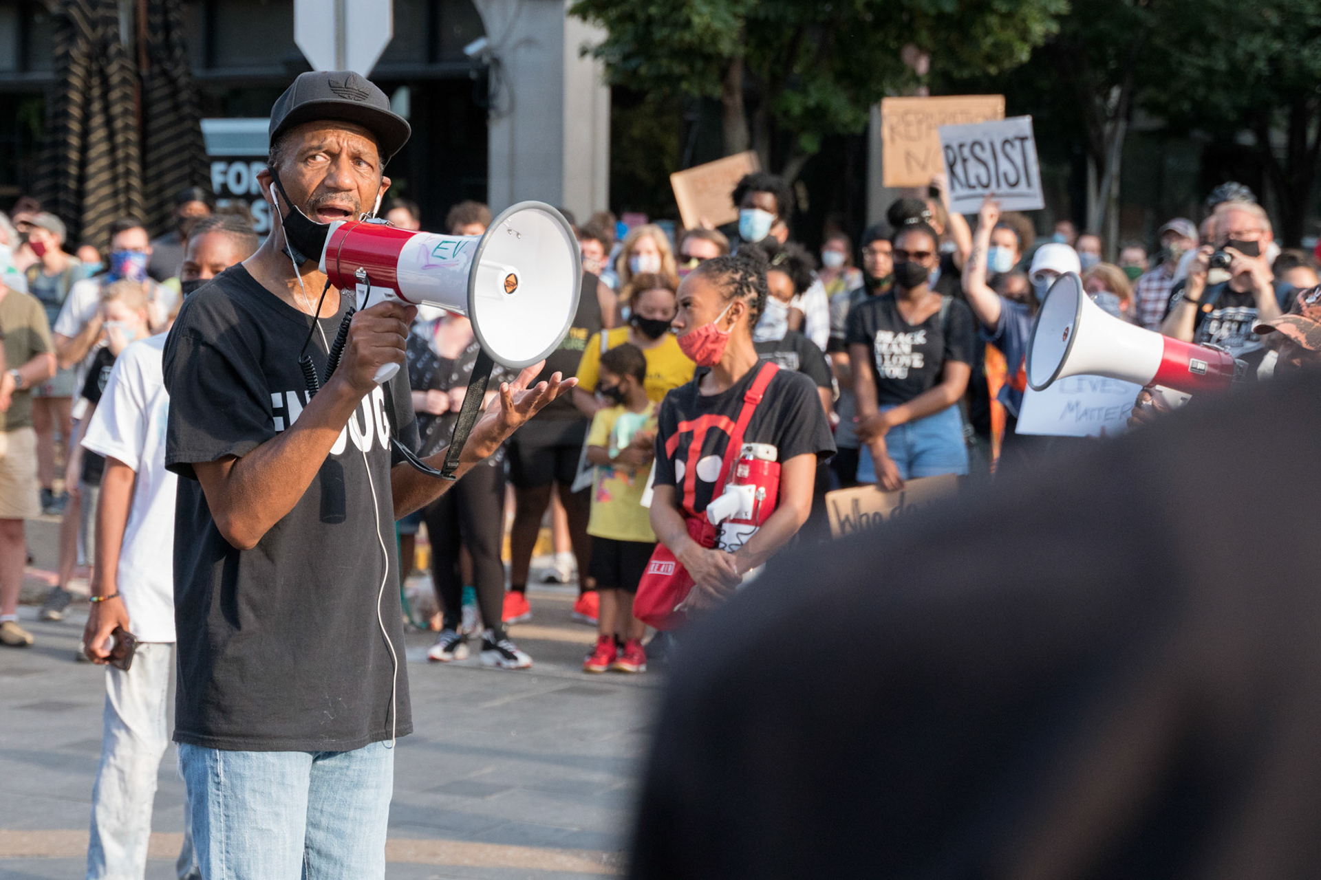 Rev. Darryl Gray speaks to a crowd of activists during a protest in the Central West End on Friday, July 3, 2020.