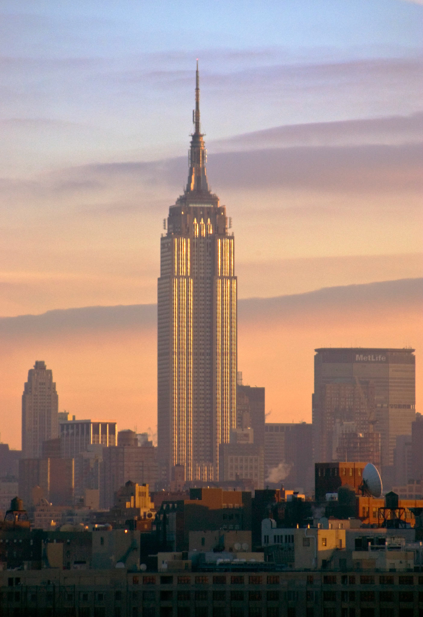 The Empire State Building sticks out of the Manhattan skyline in New York City.