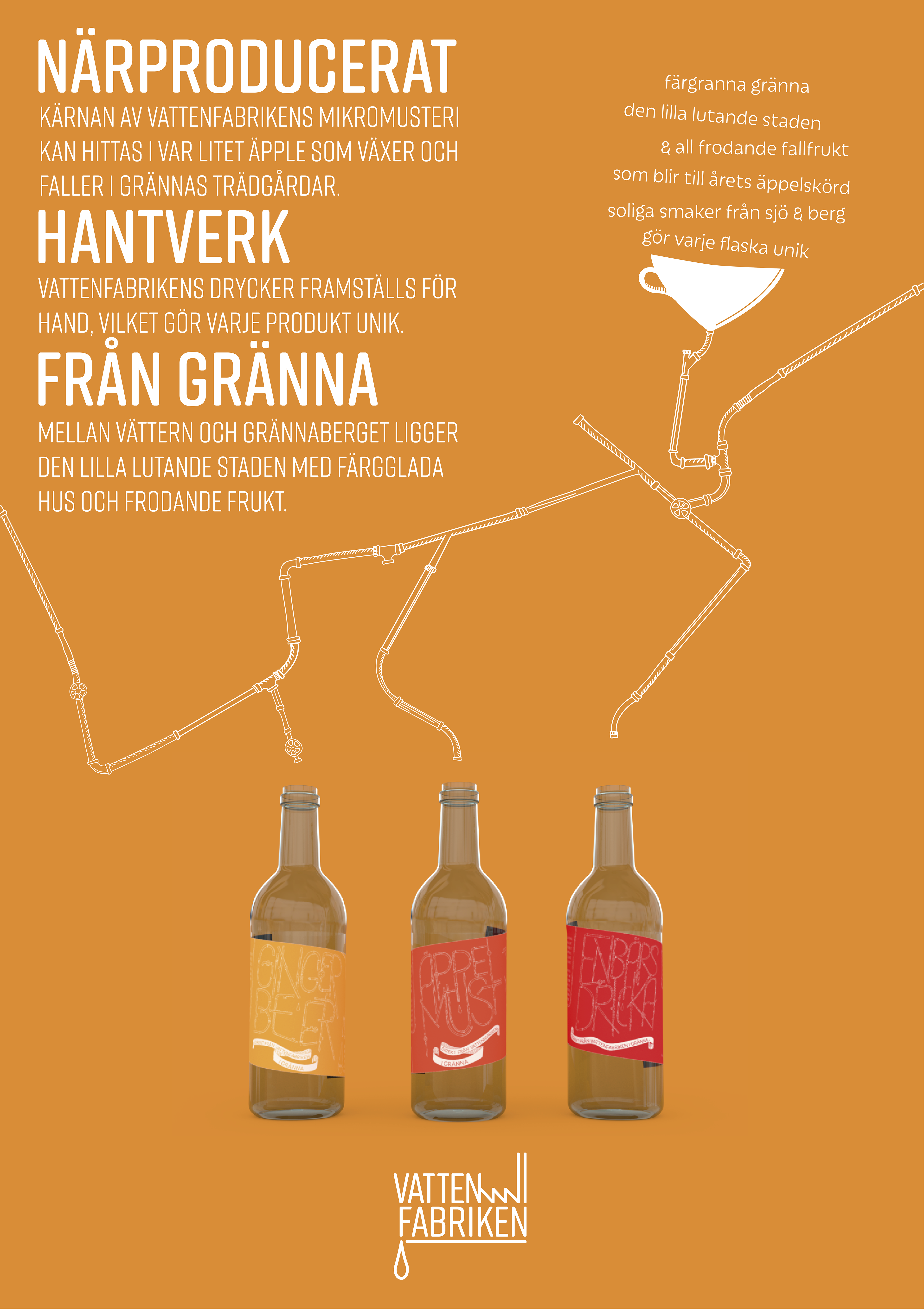 Translation: LOCALLY PRODUCED The core of Vattenfabriken's micro-cider-factory is found in every little apple that grows and falls in the gardens of Gränna. HANDCRAFT Vattenfabriken's beverages are made by hand, which makes every product unique FROM GRÄNNA Between Vättern and Gränna mountain lies the little slanted town with colourful houses and flourishing fruit.