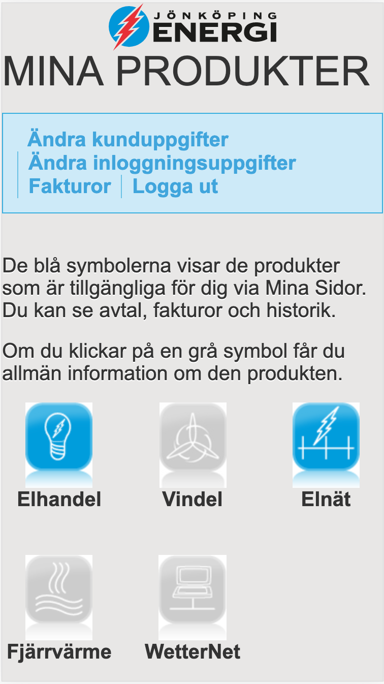 Jönköping energi original customer portal, logged in landing page