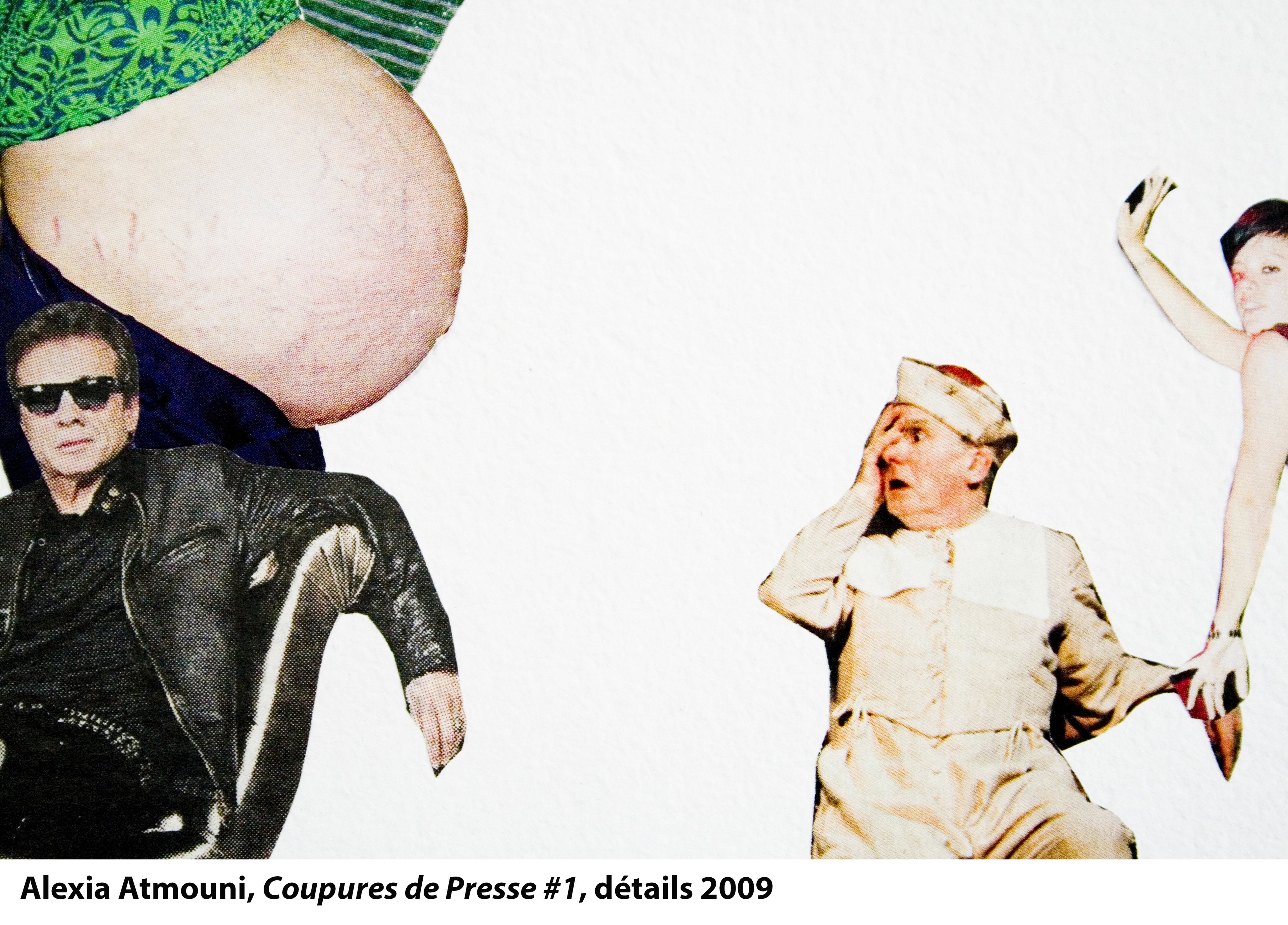 Coupures de Presse #1, 2009 (détail), papiers collés au mur, 4 m x 2 m, Exposition “Entre Poire et Fromage World Tour #3», Galerie Interface, Dijon