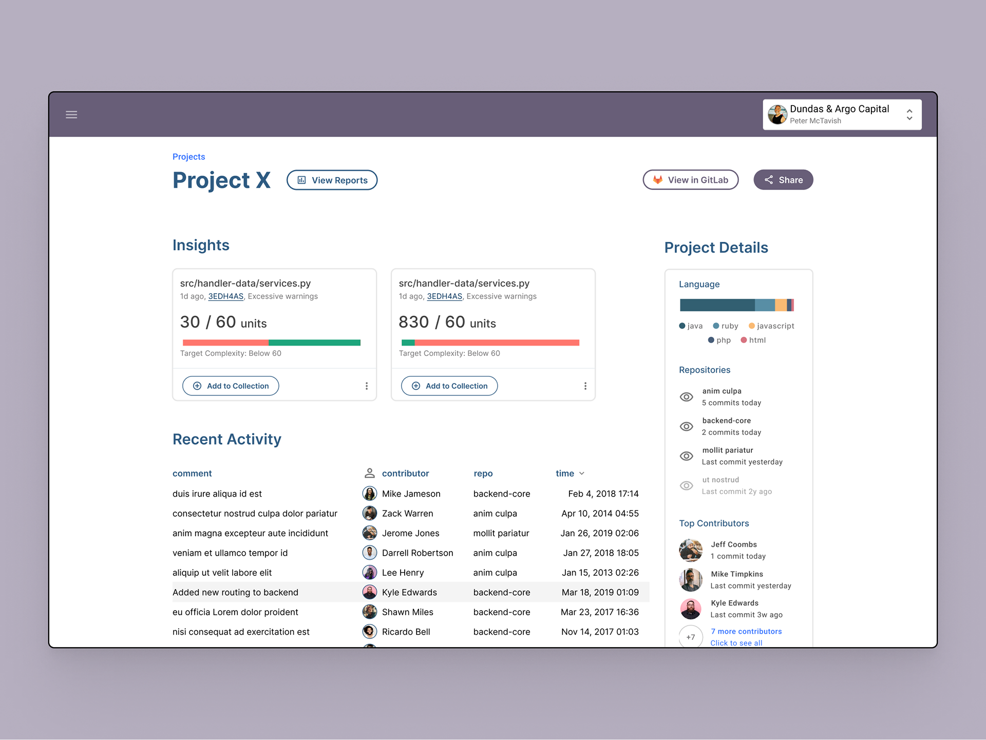Project screen. Here we could surface insights, high-level details and activity. Accessing reports from here would filter to the repositories, contributors and files tied to that project.