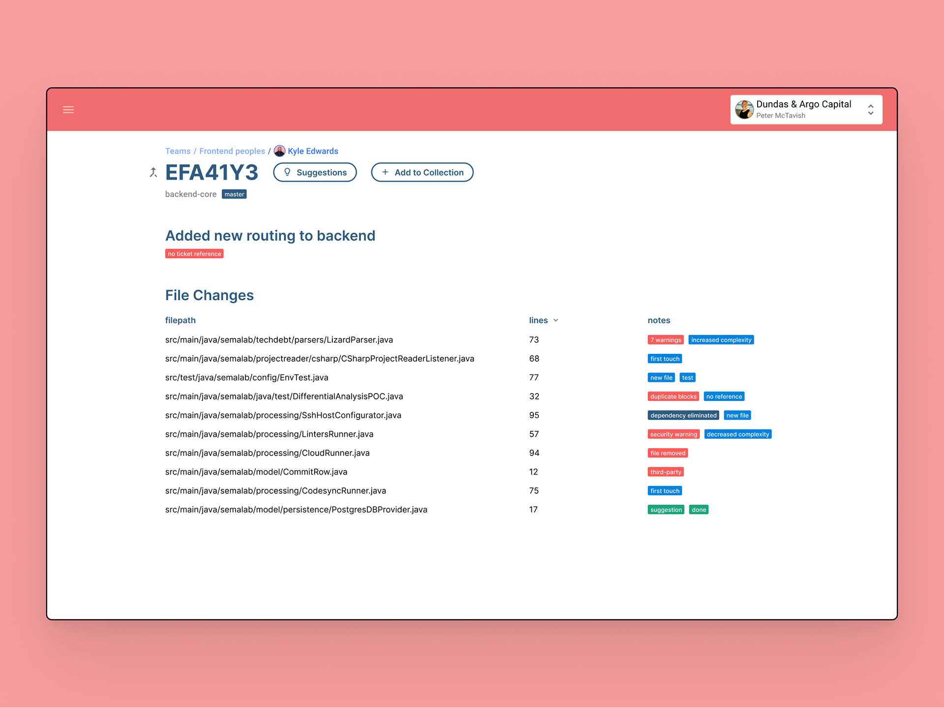 Detail view of a commit automatically tags file changes for any anomolies or significant details