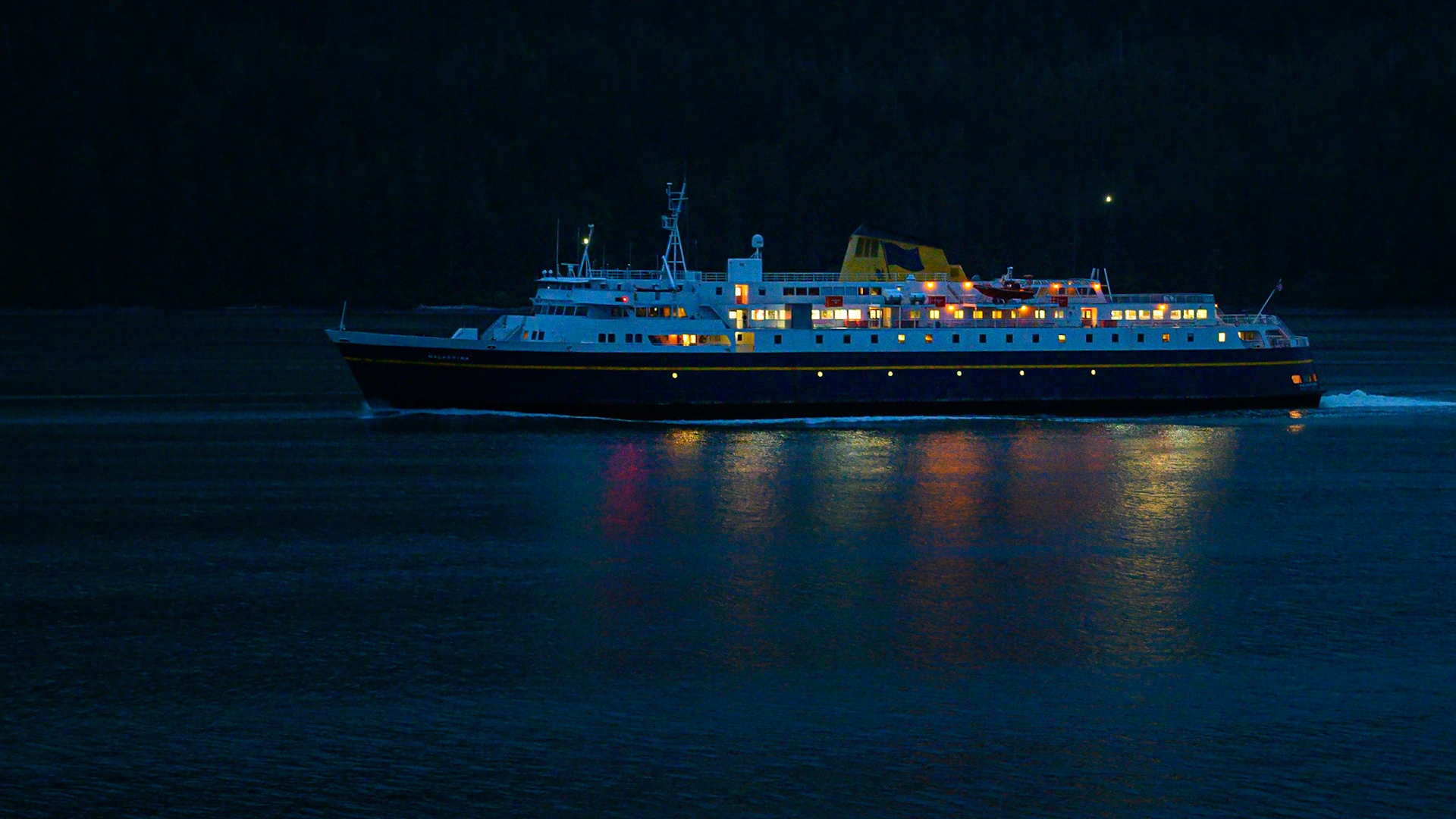 Ferry at night. Near Petersburg, Alaska