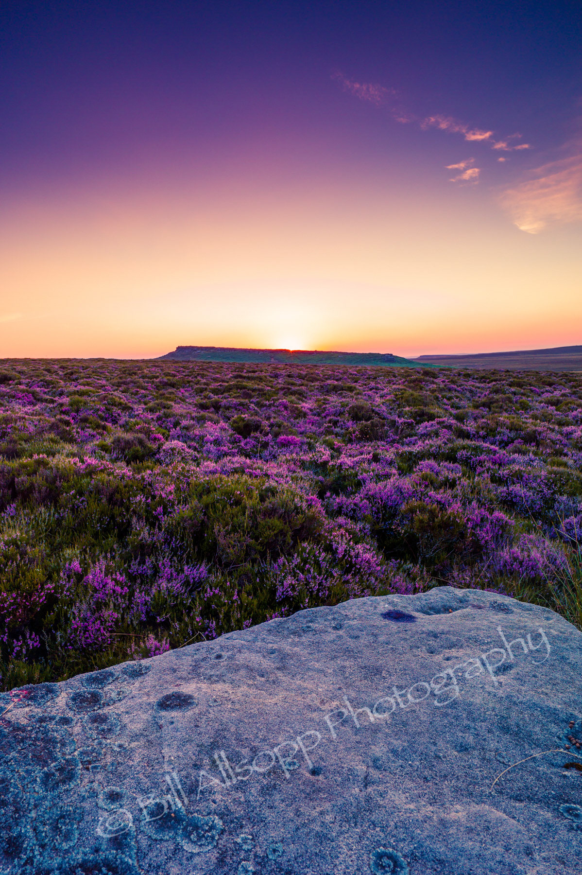 Sunset over Derbyshire heather moorland.