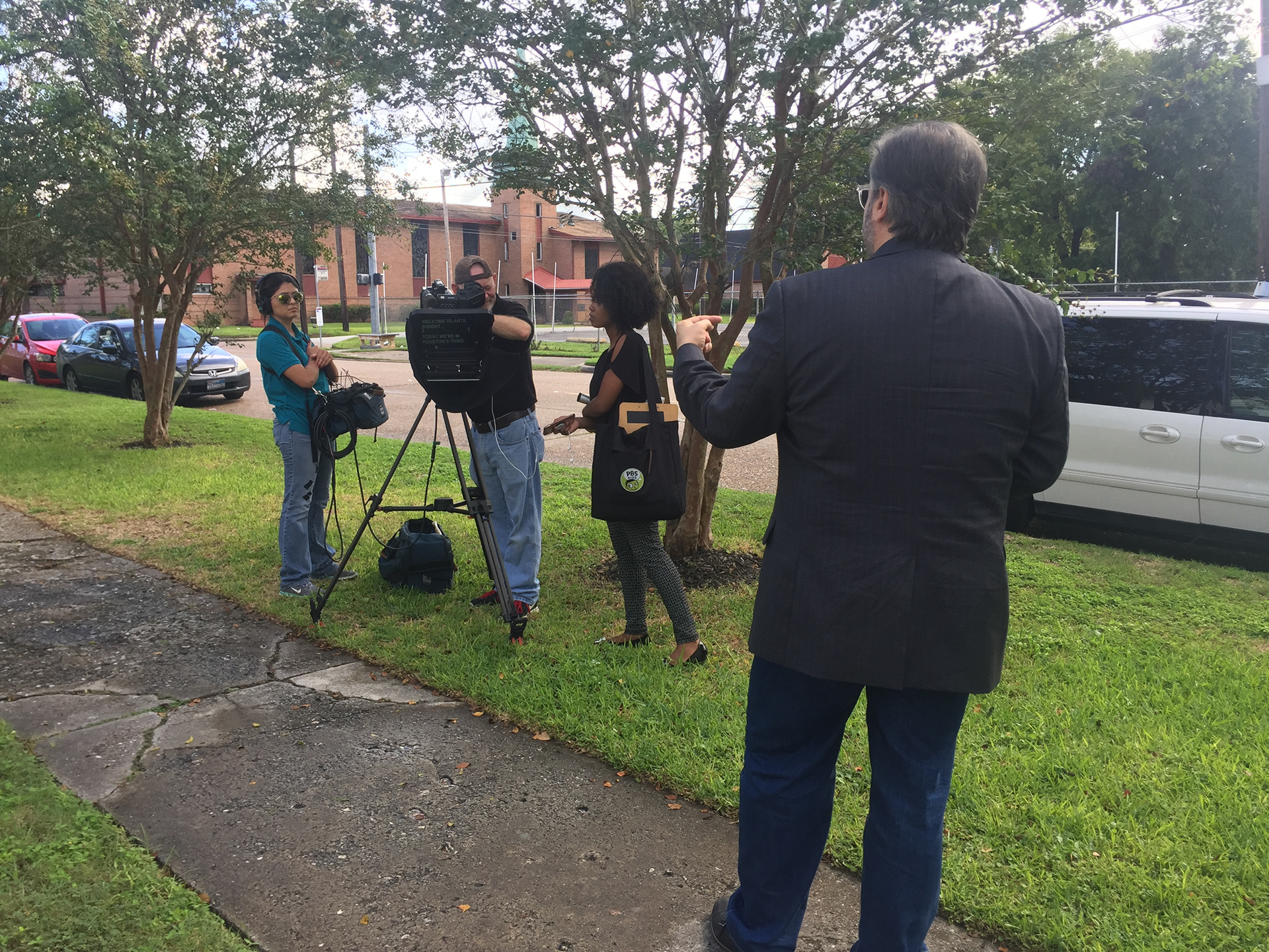 Recording stand-ups with producers, Ernie Manouse and Tomeka Weatherspoon,  for a feature about Project Row Houses on Arts Insight