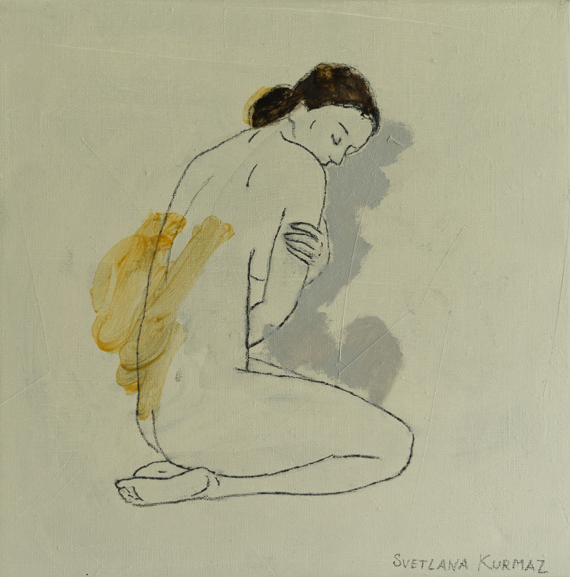 FIRURE WITH THE GREY AND YELLOW, charcoal and oil on canvas, 22x22cm. /SOLD/