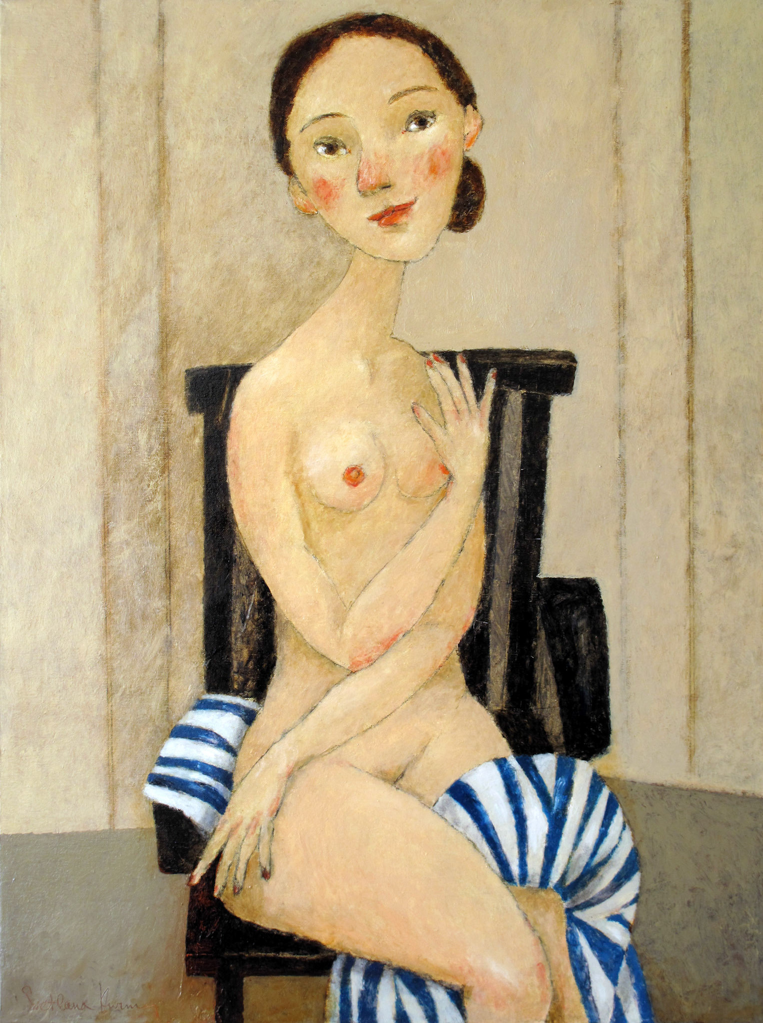 NUDE WITH STRIPED DRAPERY, oil on canvas, 80x60cm.
