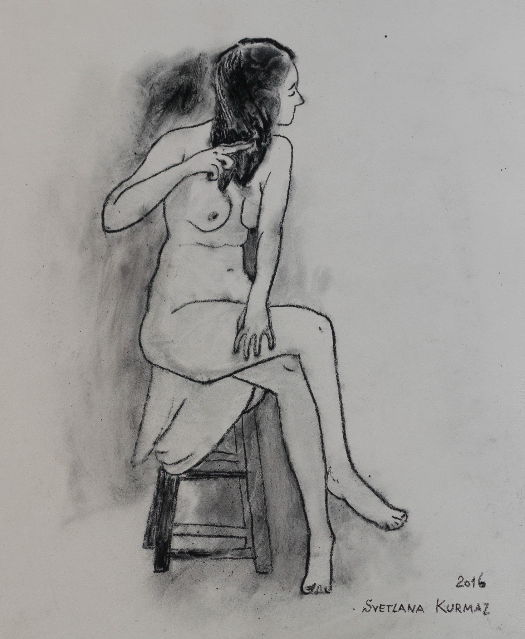BRUSHING MODEL, charcoal on bourd, 35x30cm.