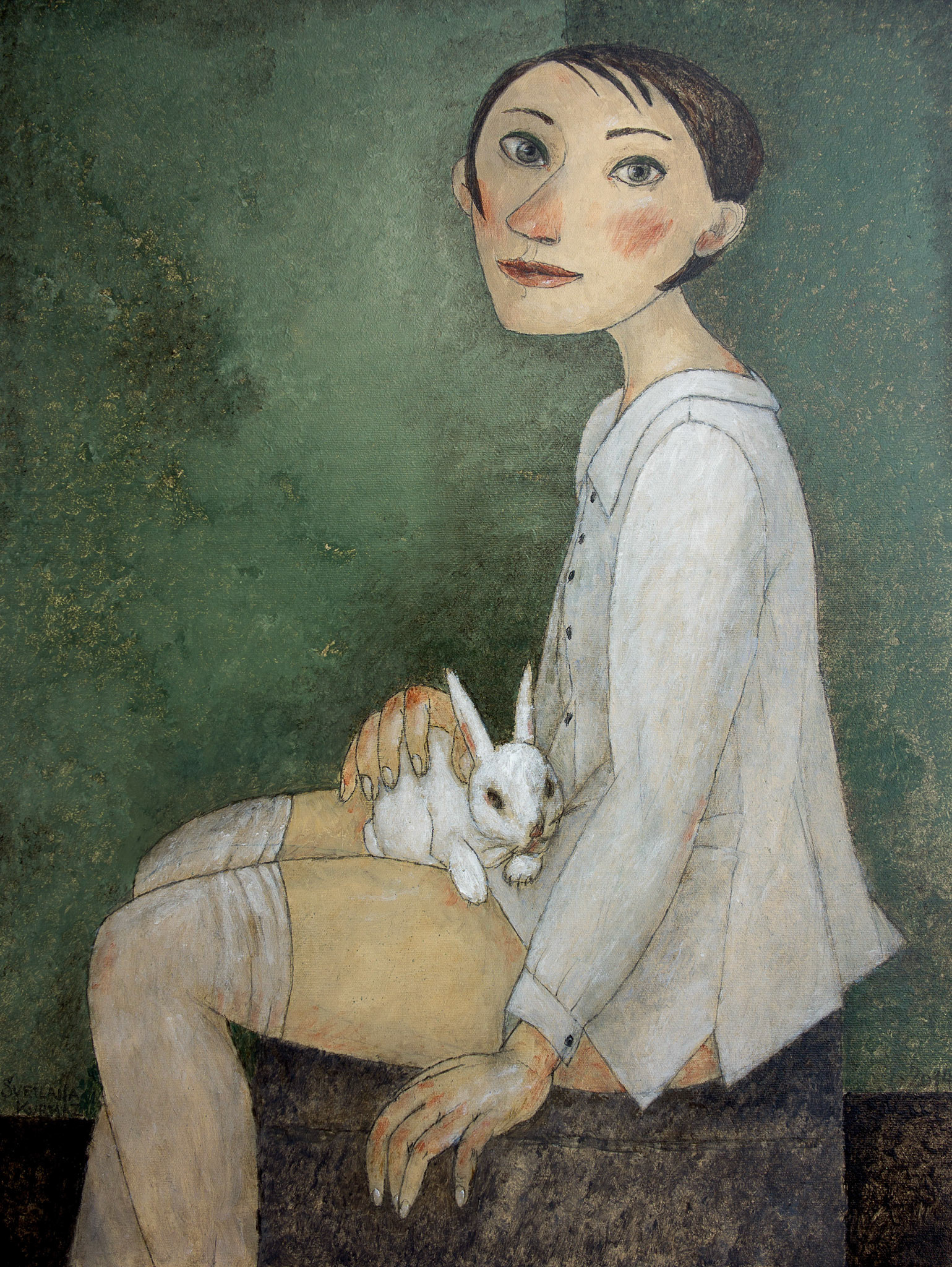 GIRL WITH WHITE RABBIT, oil on canvas, 80x60cm.