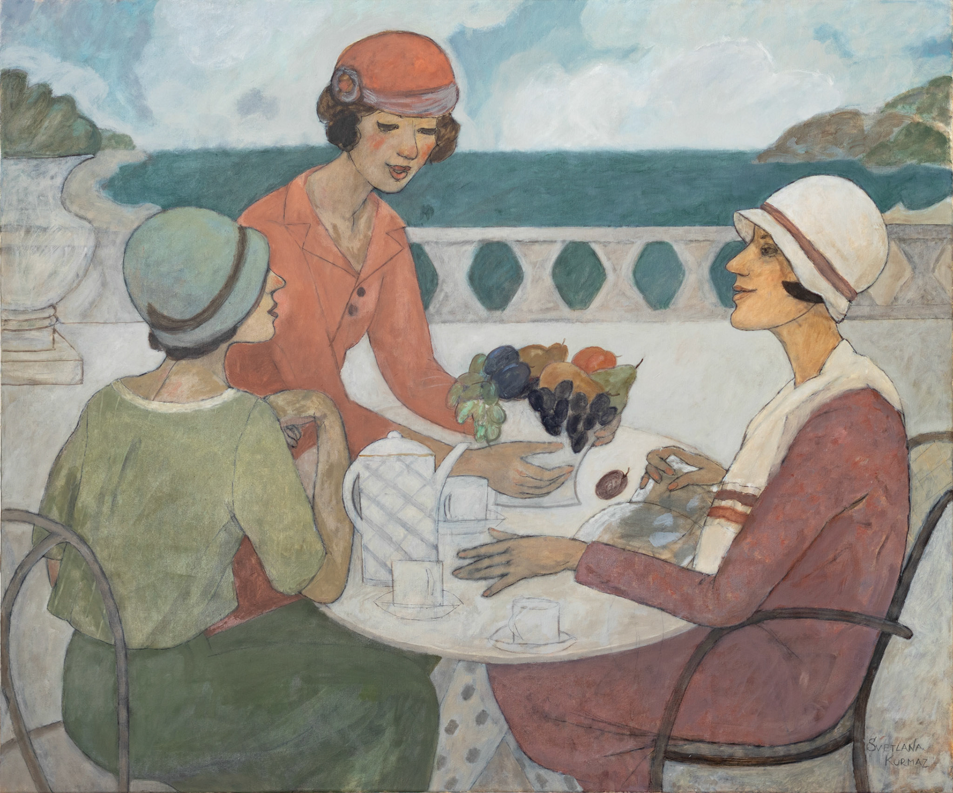 THREE GIRLS ON THE TERRACE, oil on canvas, 100x120cm. Available.