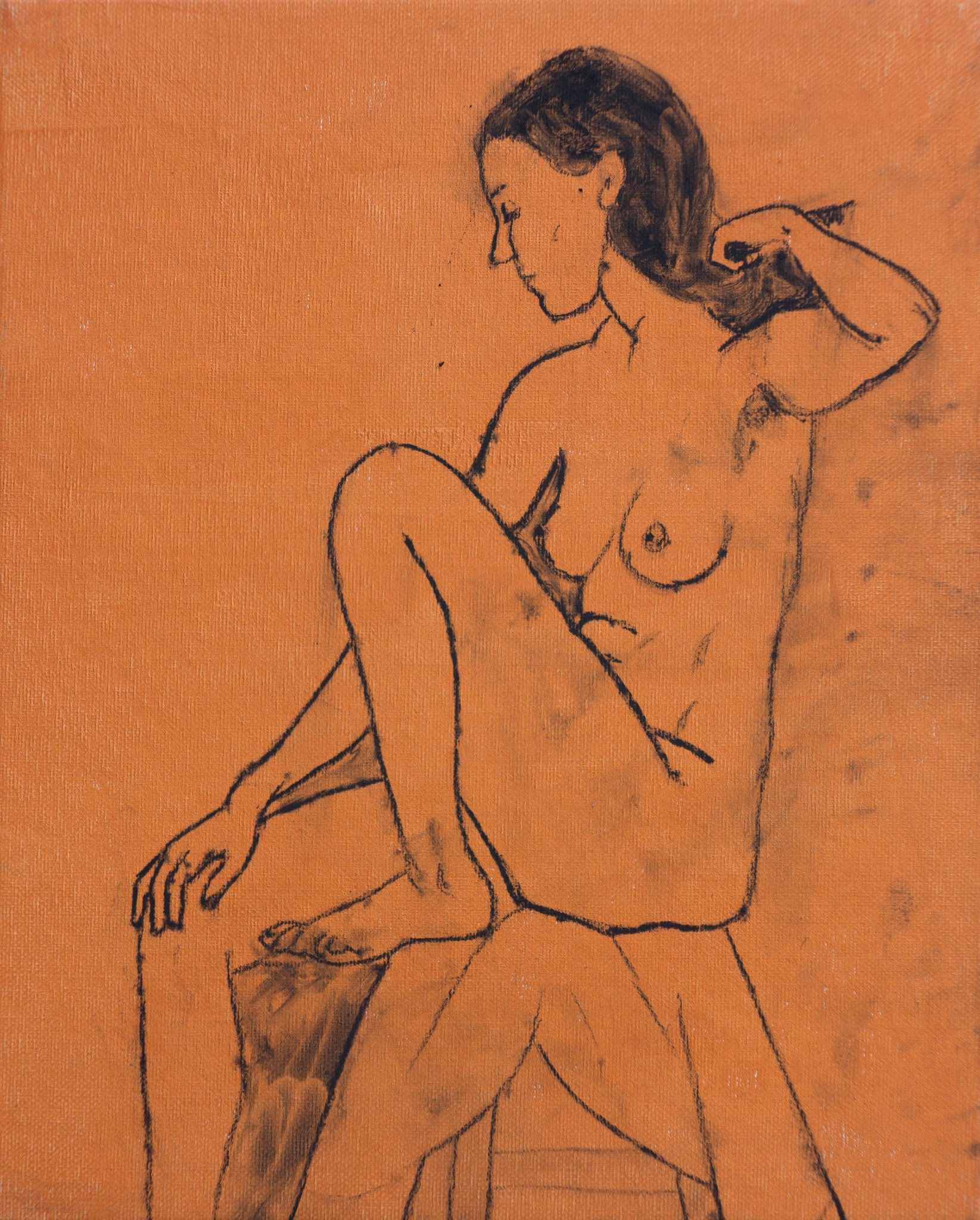 MODEL BRUSHING HER HAIR, charcoal on board, 25x20cm.