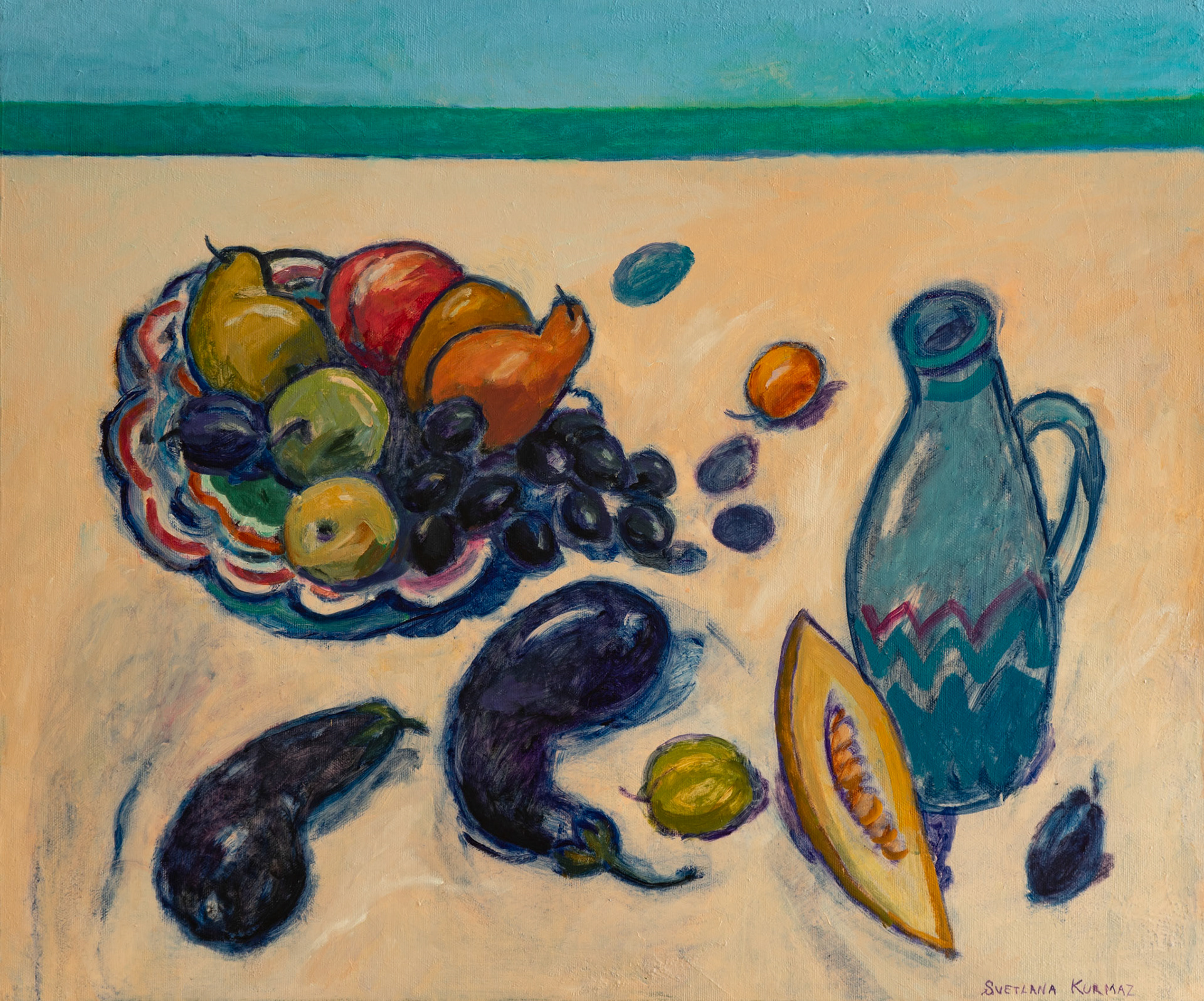 AUBERGINES AND FRUITS ON THE WHITE TABLECLOTH, 50x60x4cm, 2020