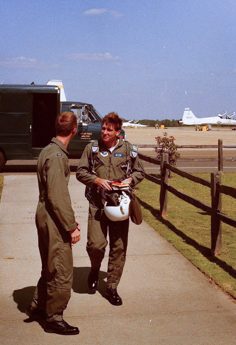 Our first classmate to solo in the T-37 returning from his flight.
