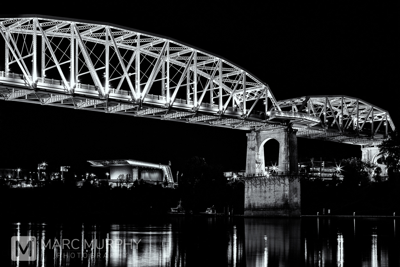 Black and White Downtown Nashville Tennessee John Seigenthaler Bridge with White Steel Structure and Cumberland River