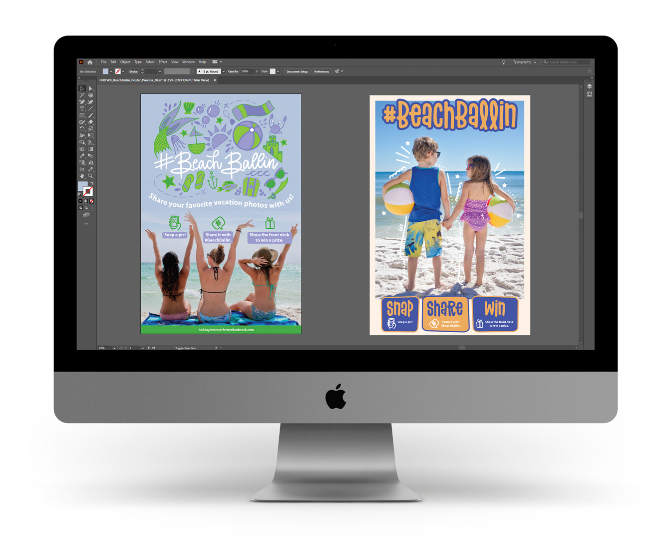 Mockup of an iMac with an Adobe Illustrator file open of two poster designs