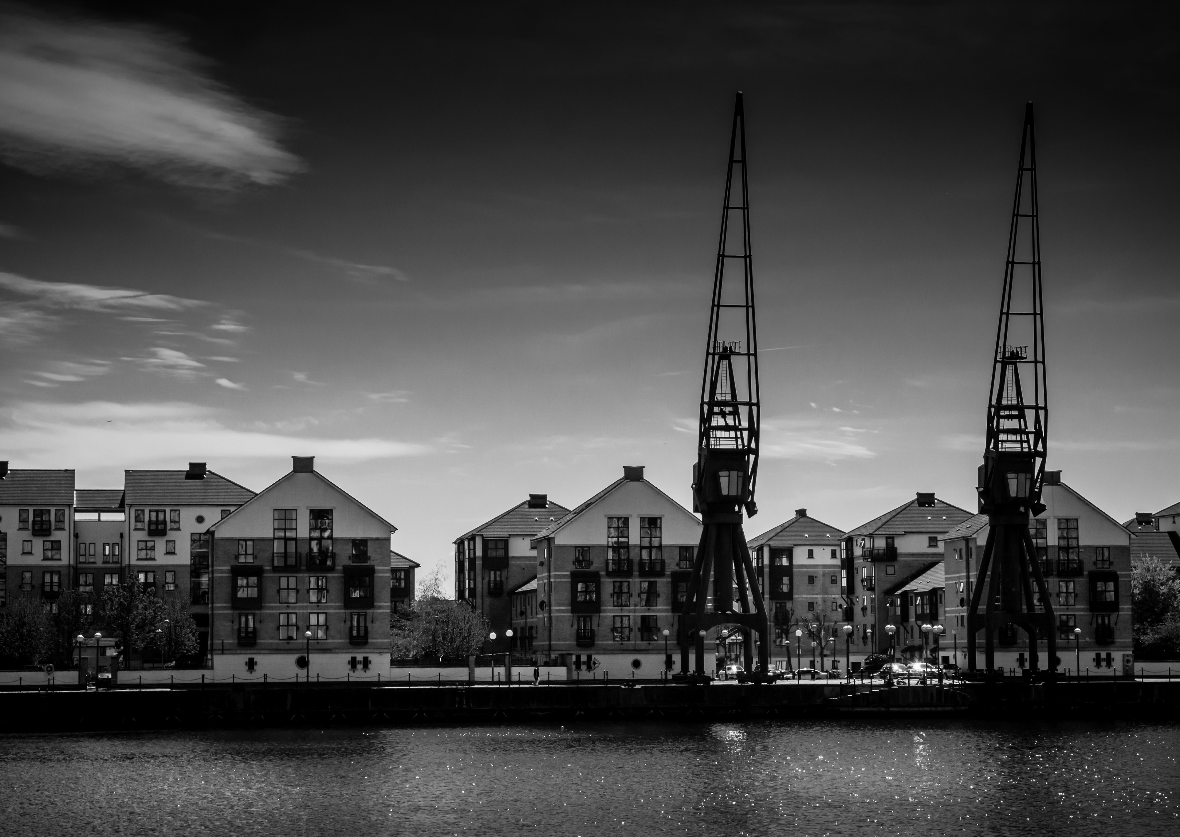 royal victoria docks. east london. black and white photograph