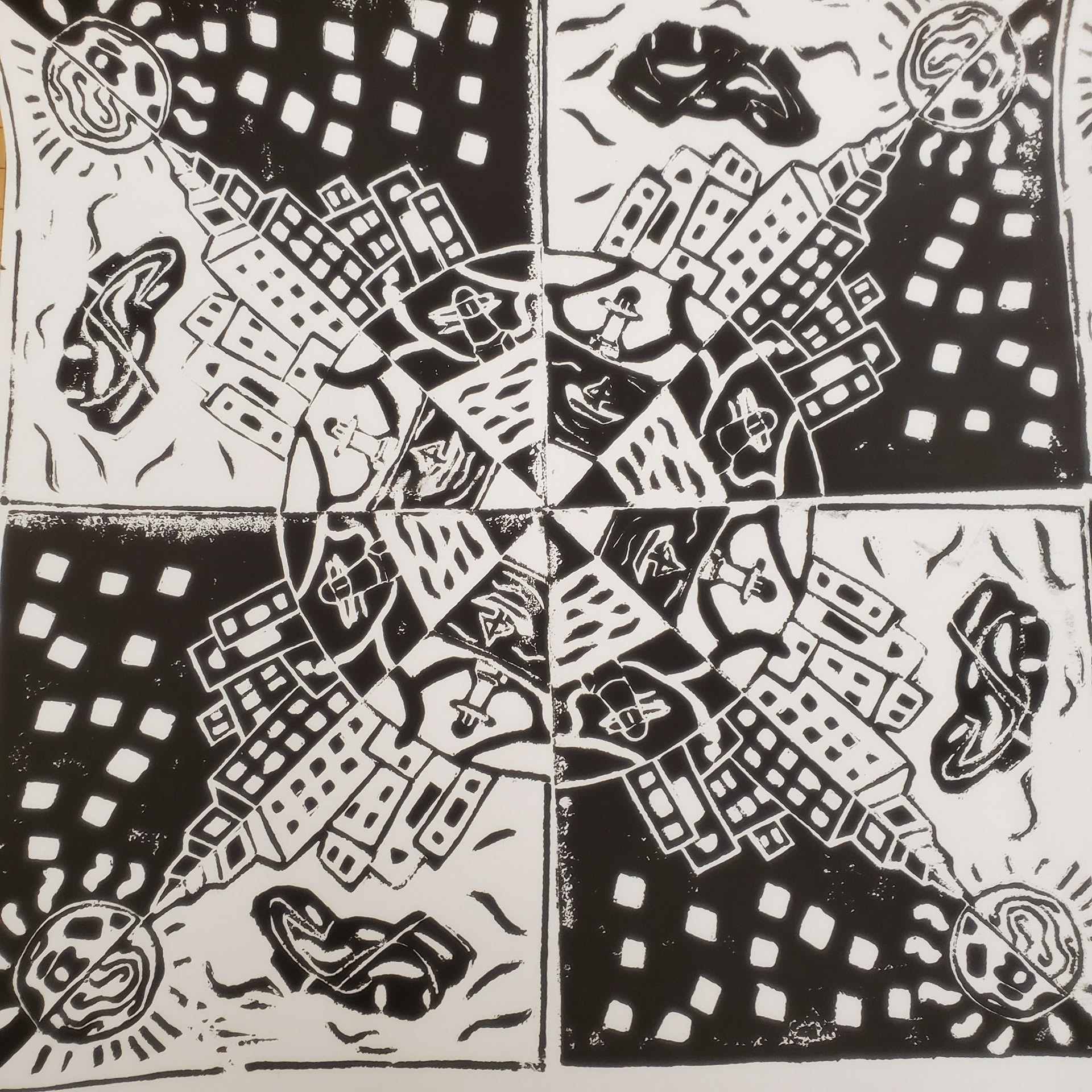Trenton Brown, Grade 9, Dekalb High School. A City Of Day and Night, Printmaking. Jessica Minnich, Educator.