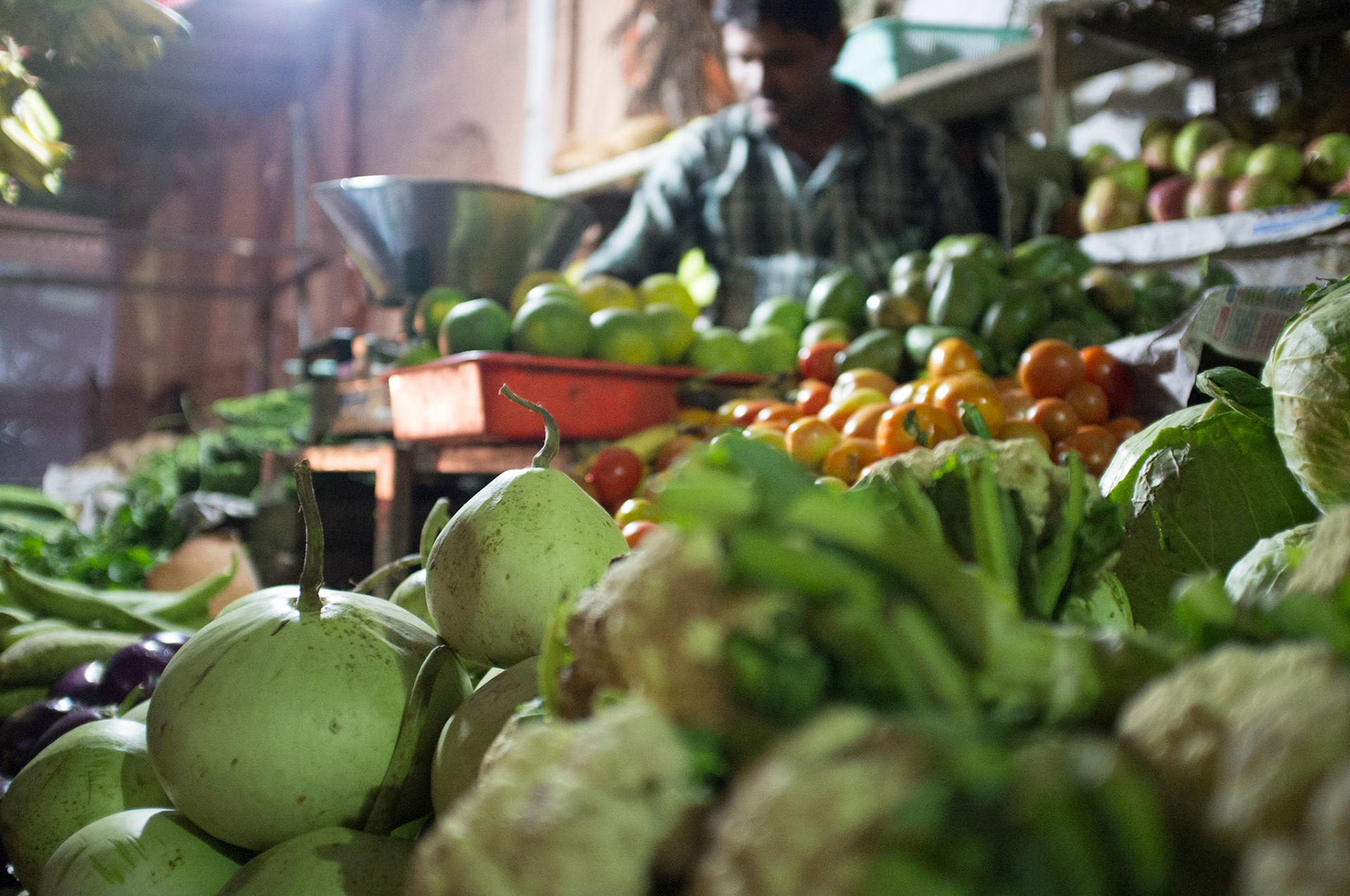 A fruit and vegetable seller in Palampur, Himachal Pradesh.  Taken August 28, 2012.