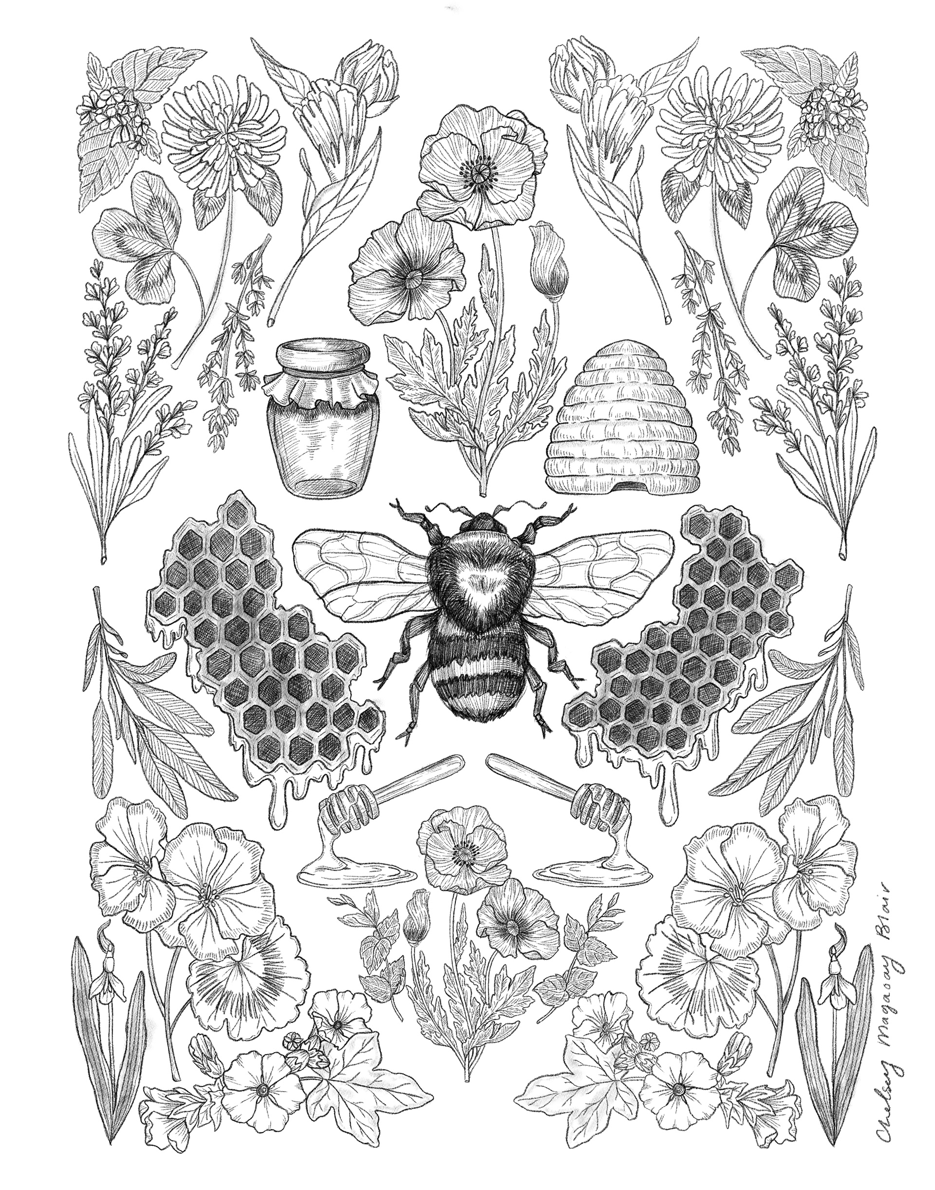 Bee + Flowers, 2020, digital print