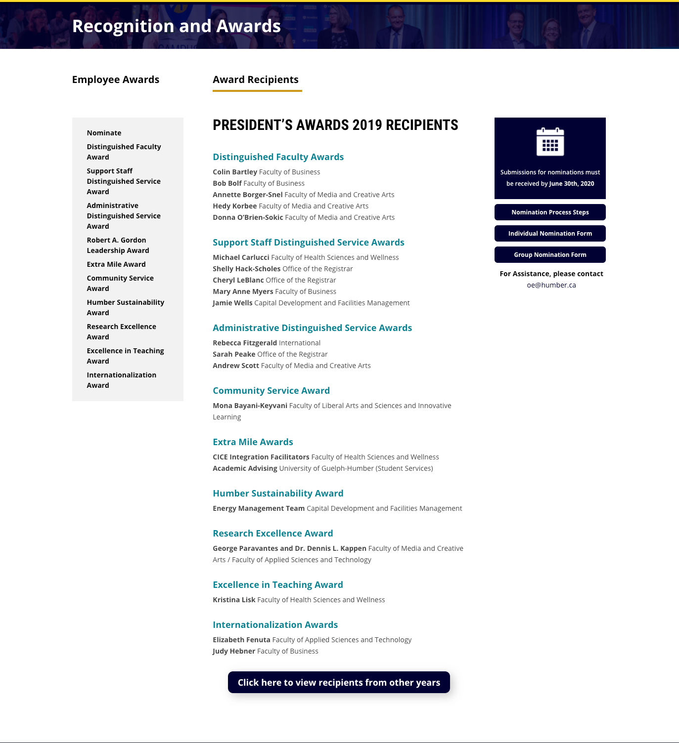 Awards Recipients section of the Awards sub-page