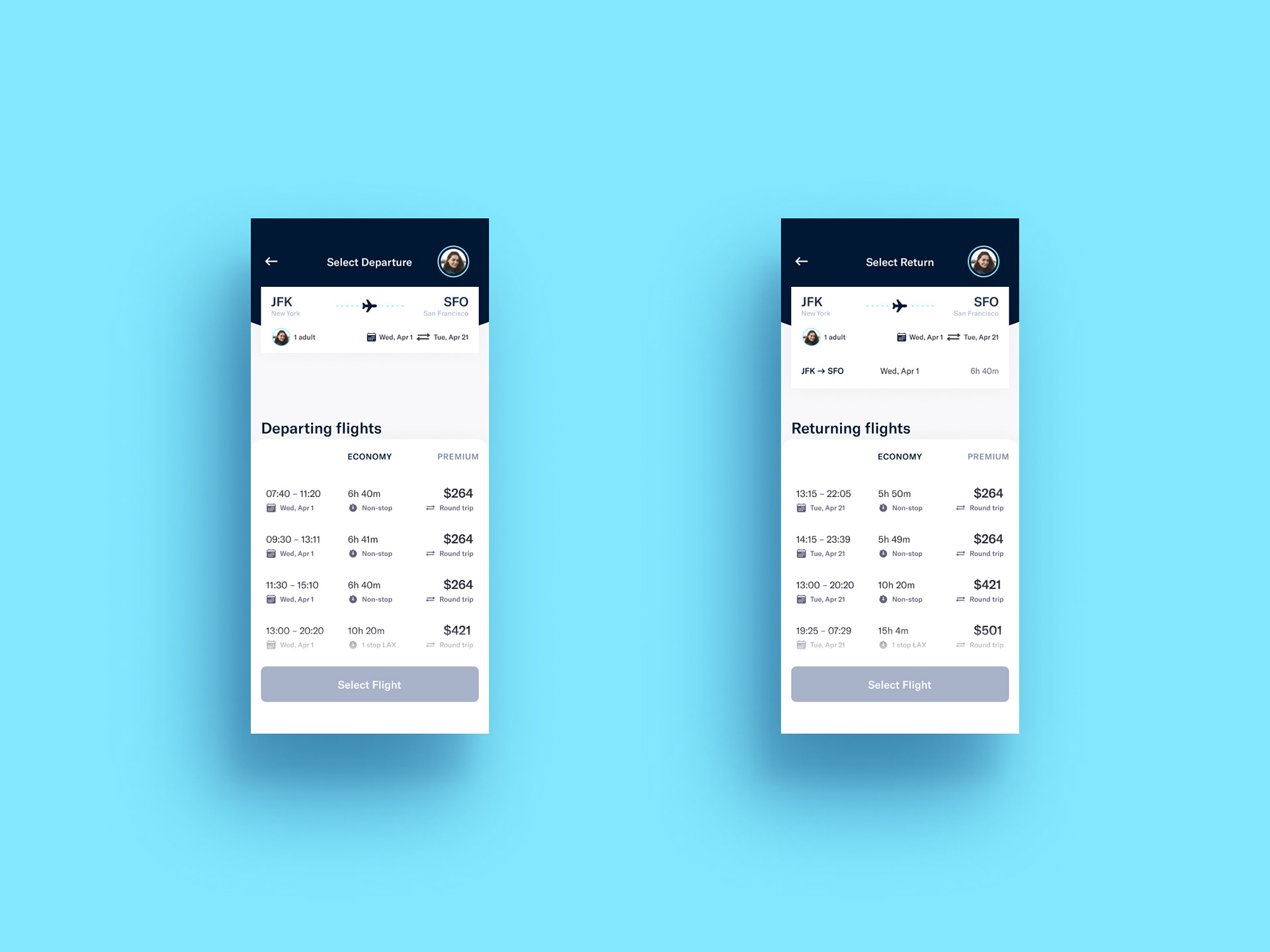 App search results screens showing top flights