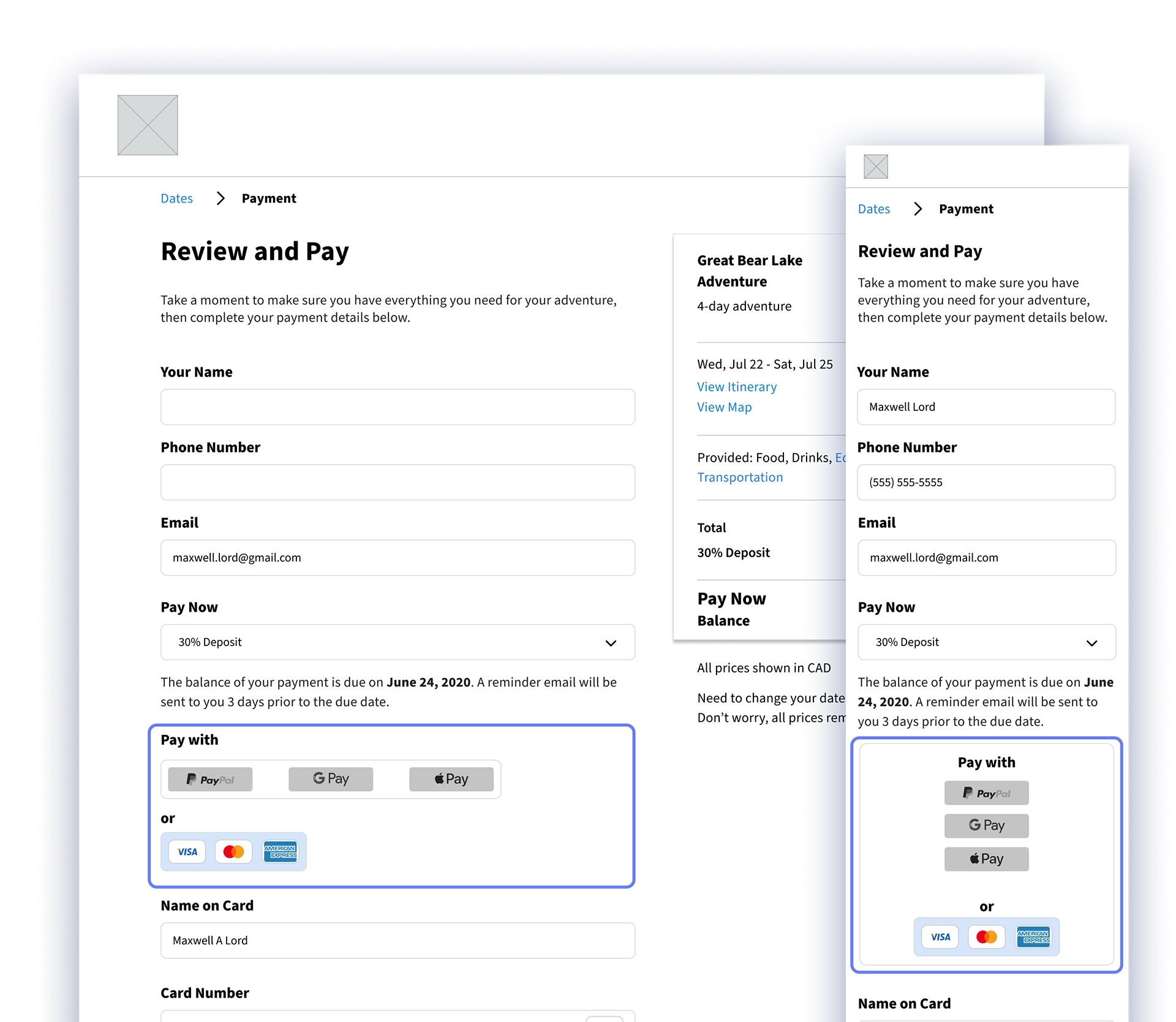 Wireframe of payments screen with payment options highlighted